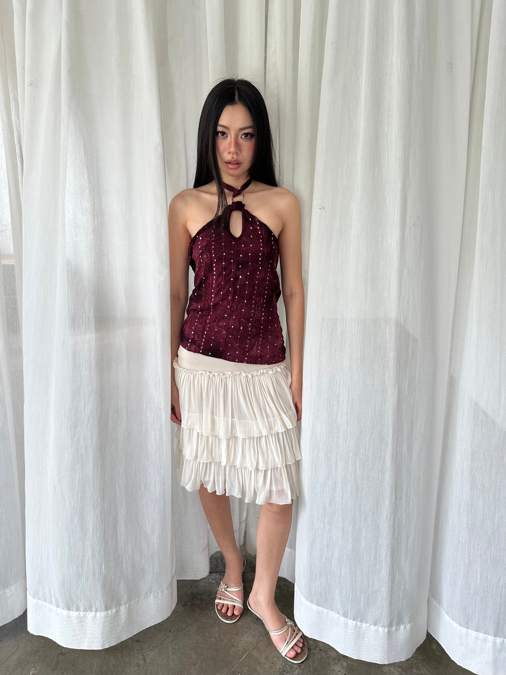 Burgundy sequin halter top