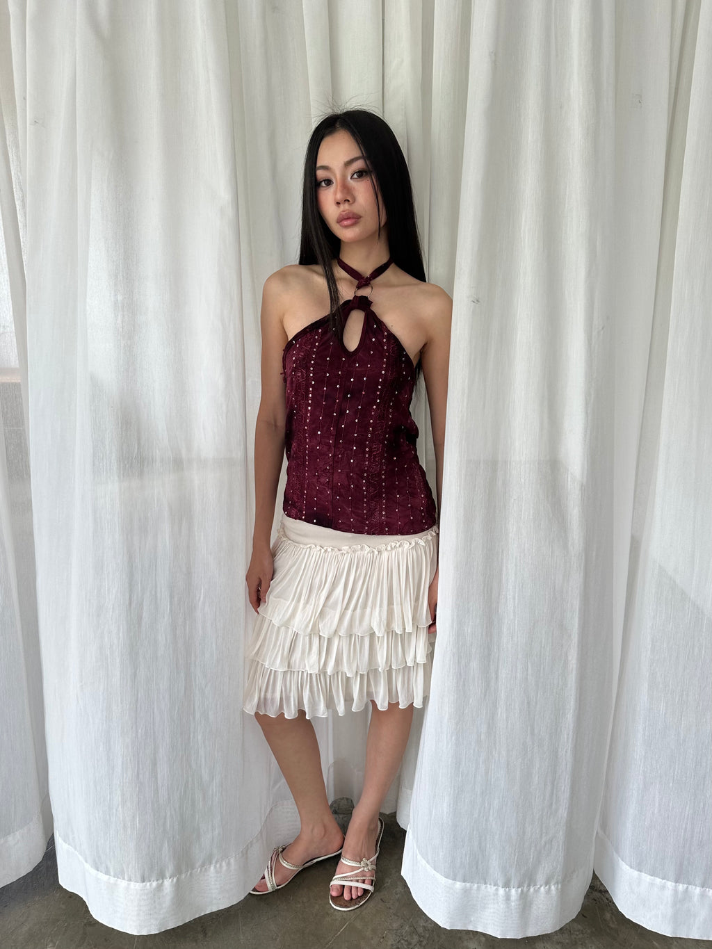 Burgundy sequin halter top