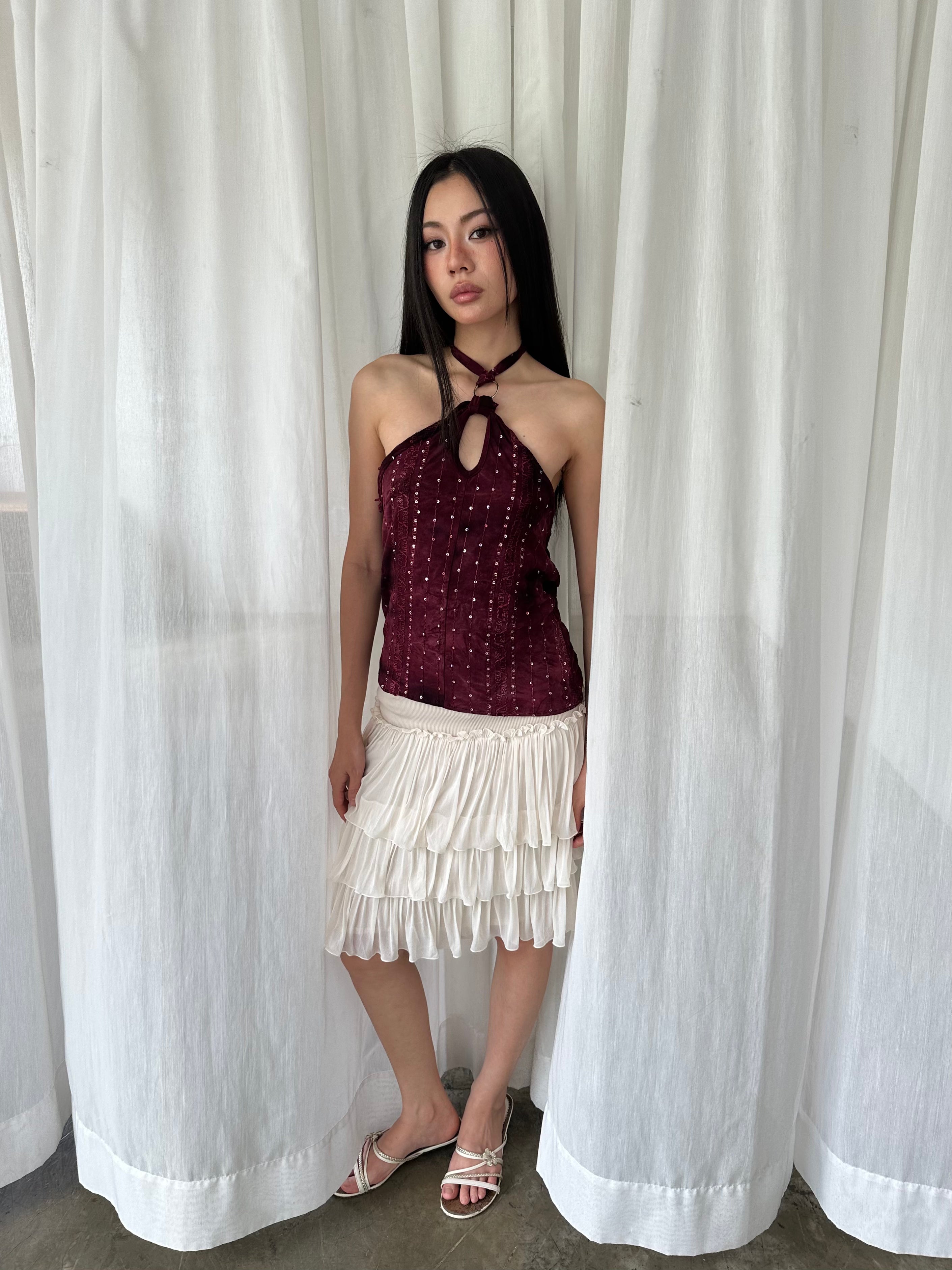 Burgundy sequin halter top