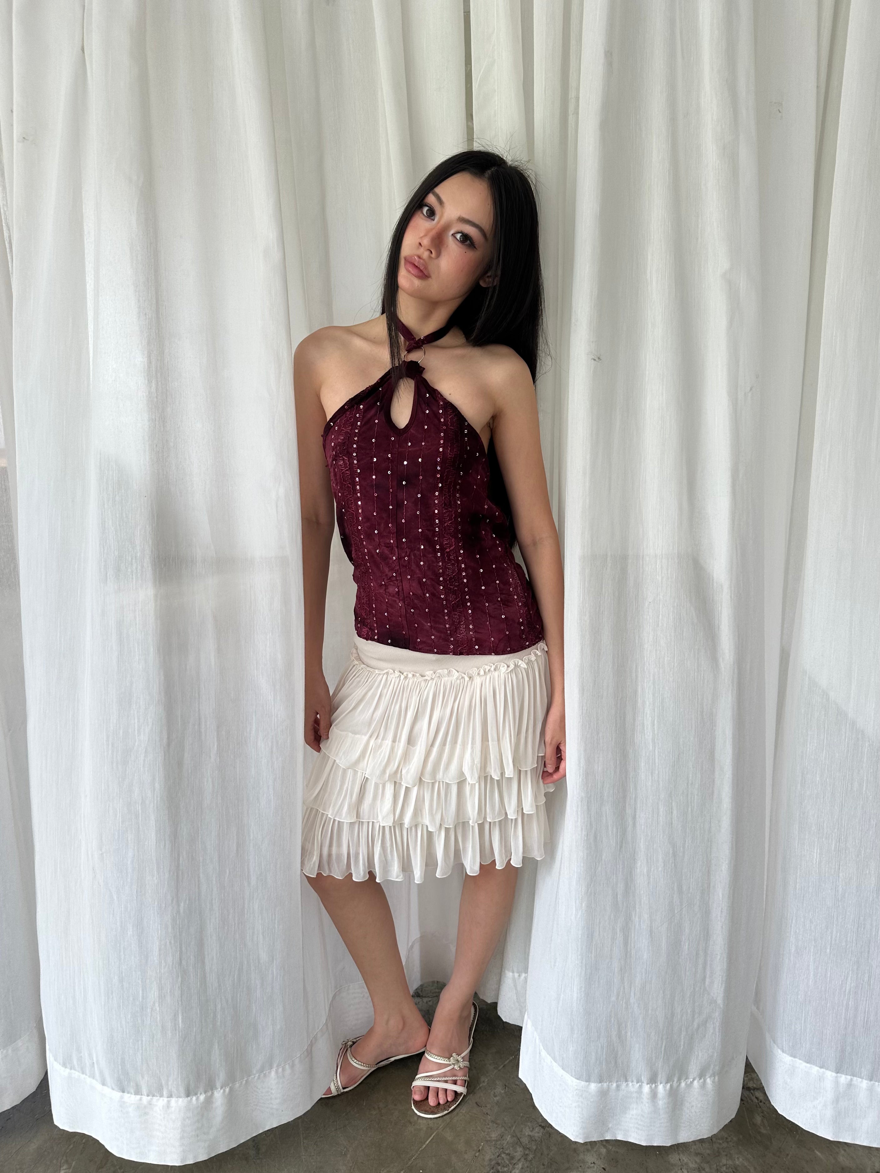 Burgundy sequin halter top