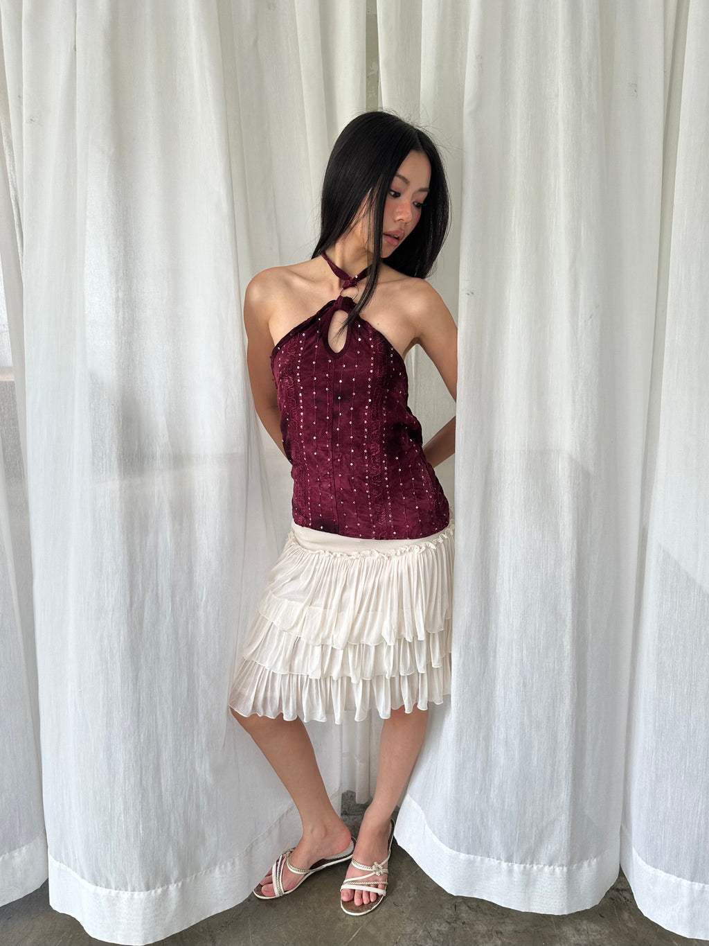 Burgundy sequin halter top