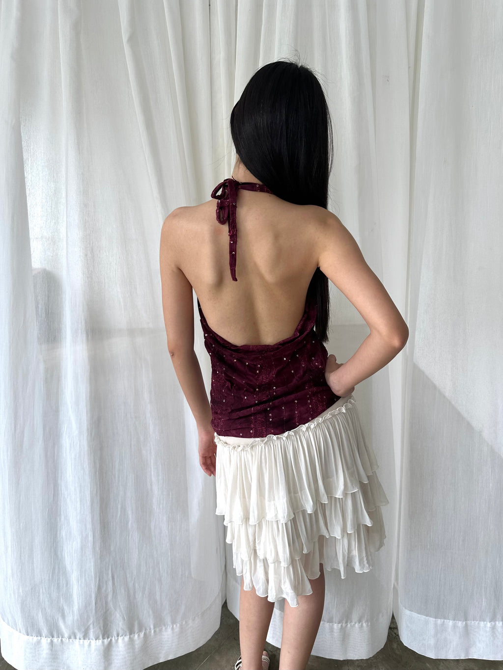 Burgundy sequin halter top
