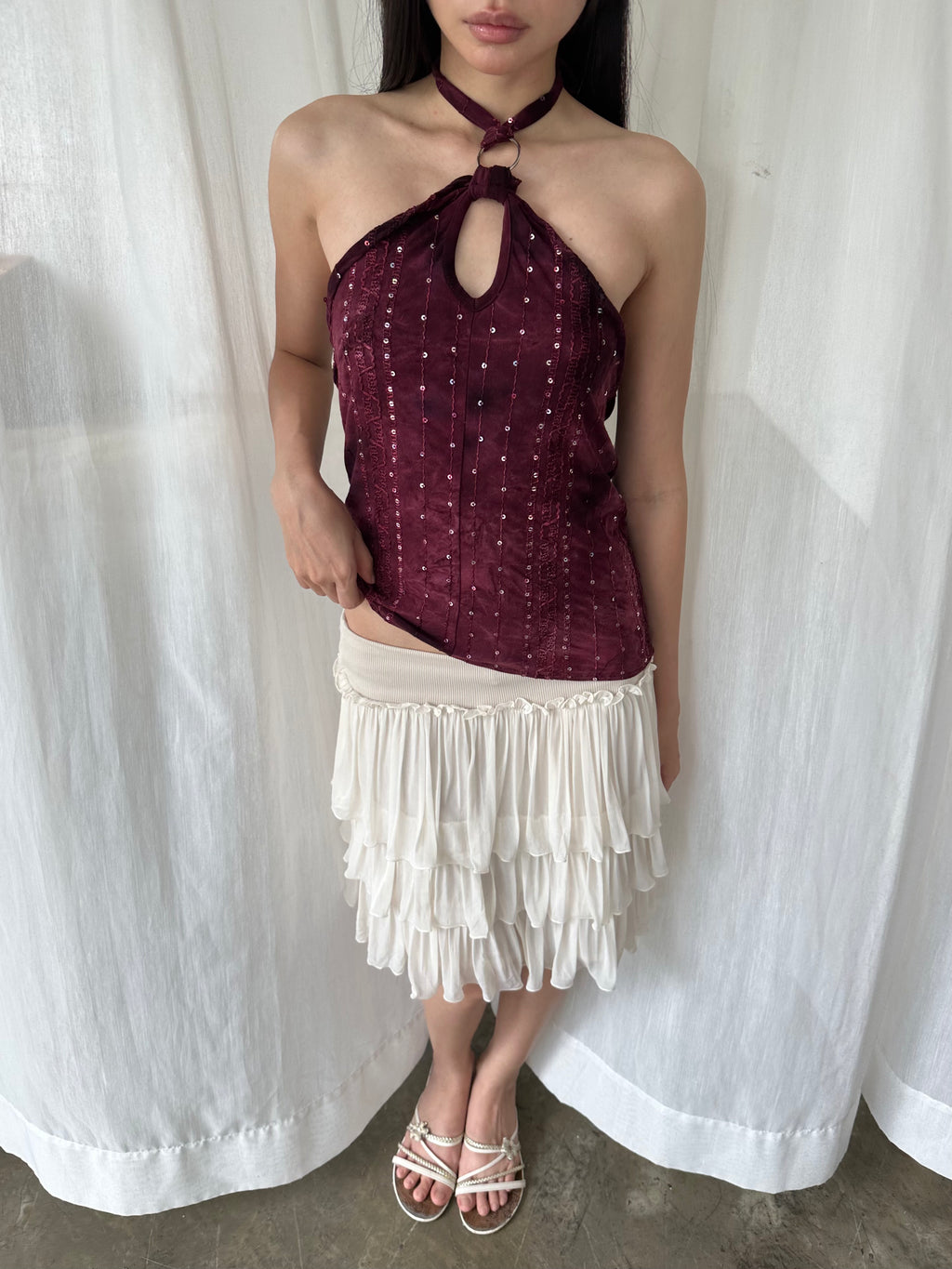 Burgundy sequin halter top