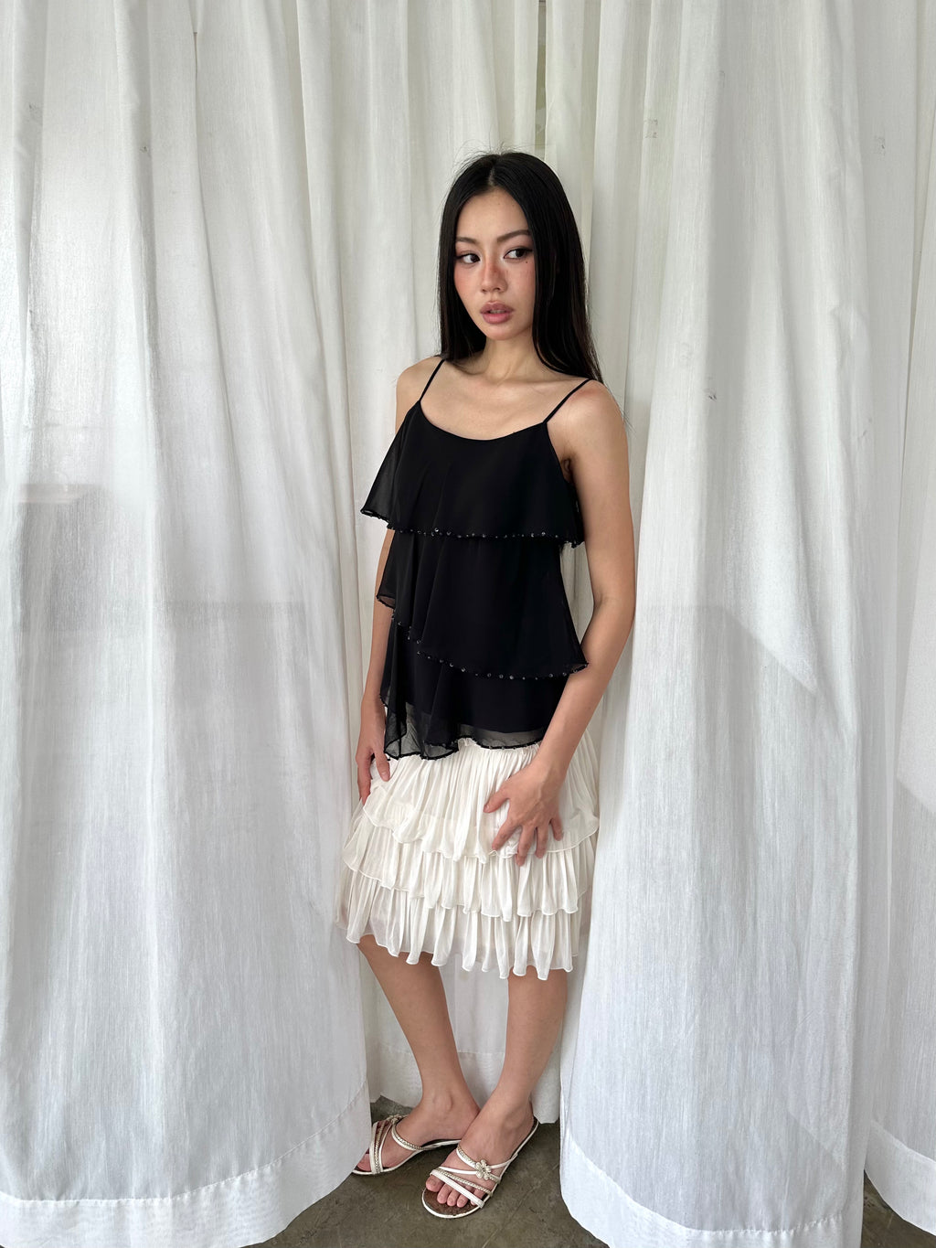 Black beaded ruffle camisole