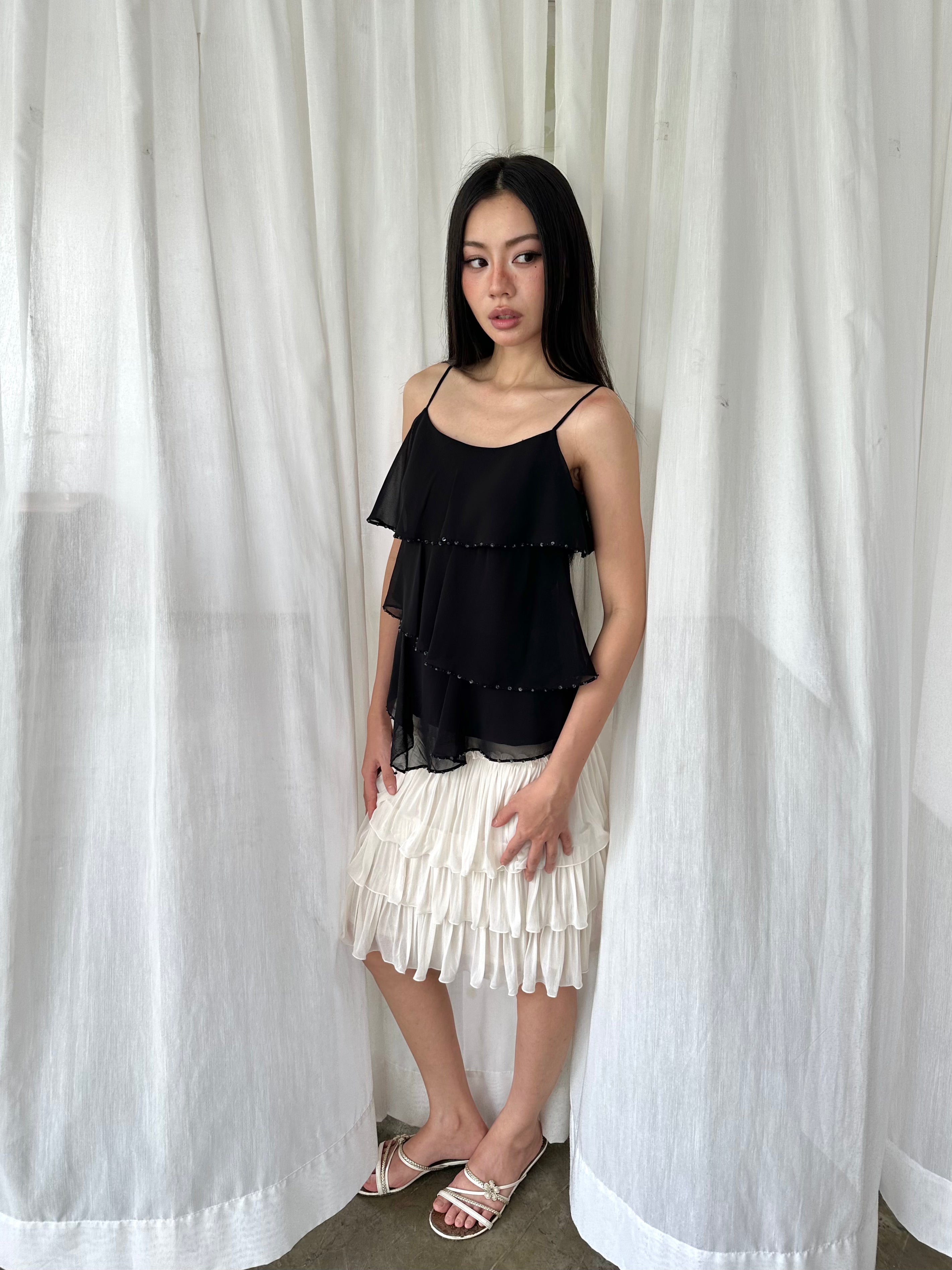 Black beaded ruffle camisole