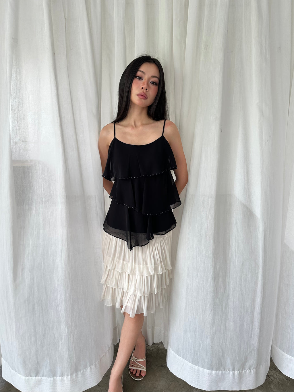 Black beaded ruffle camisole