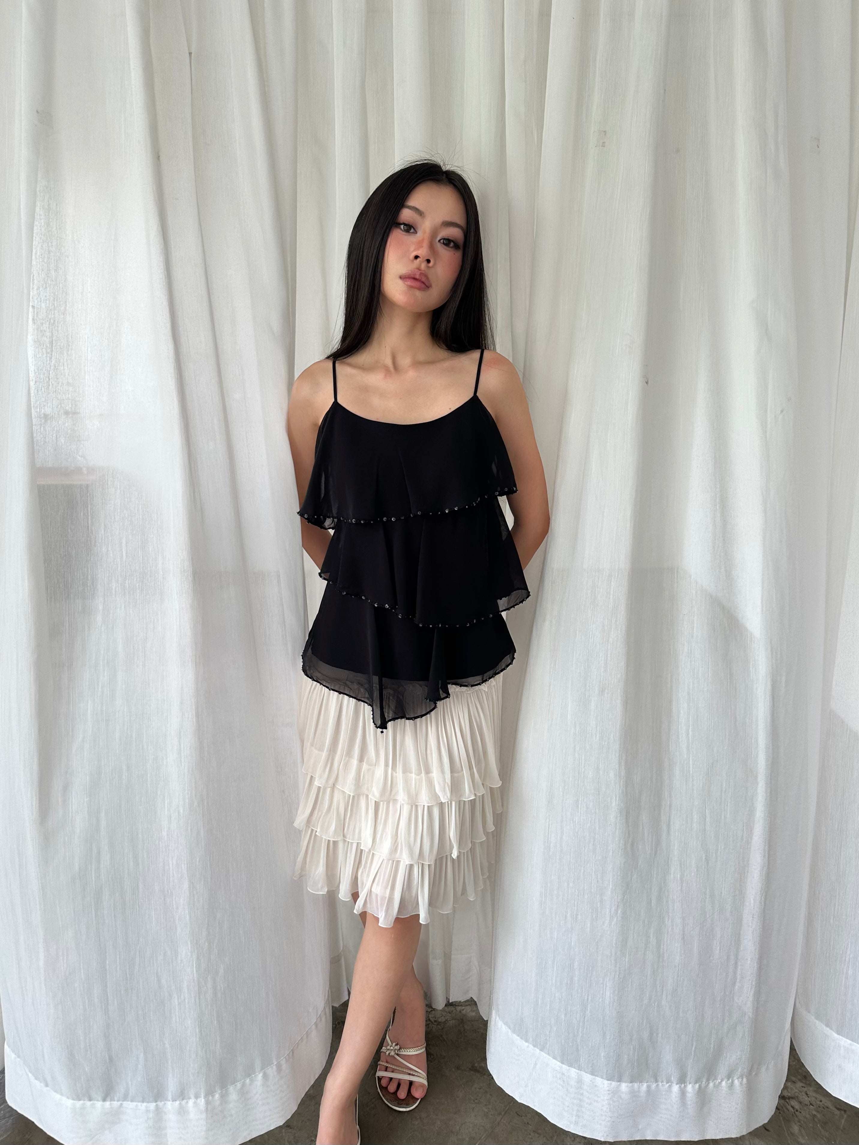 Black beaded ruffle camisole
