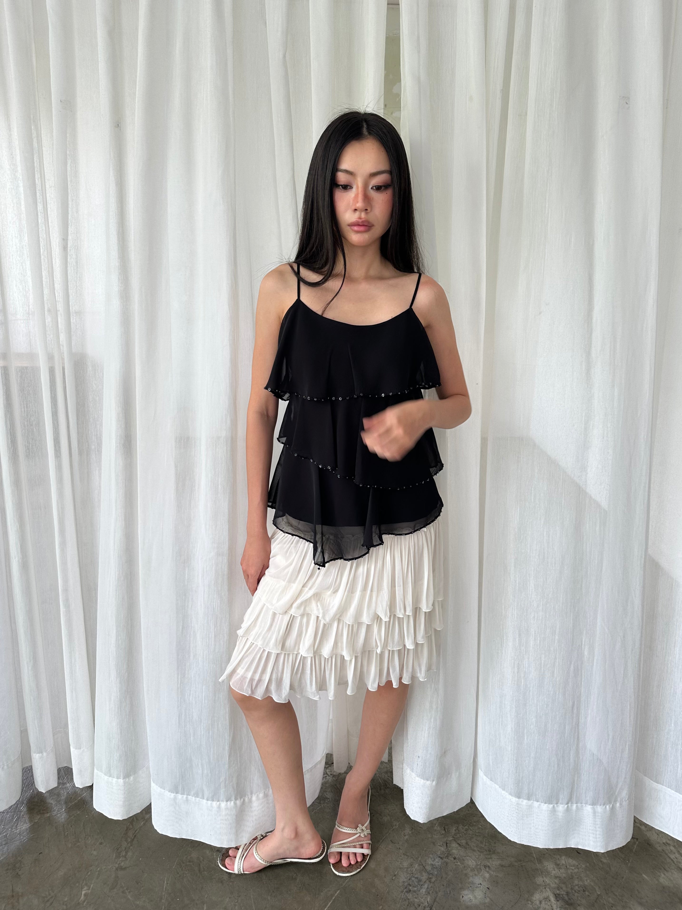 Black beaded ruffle camisole