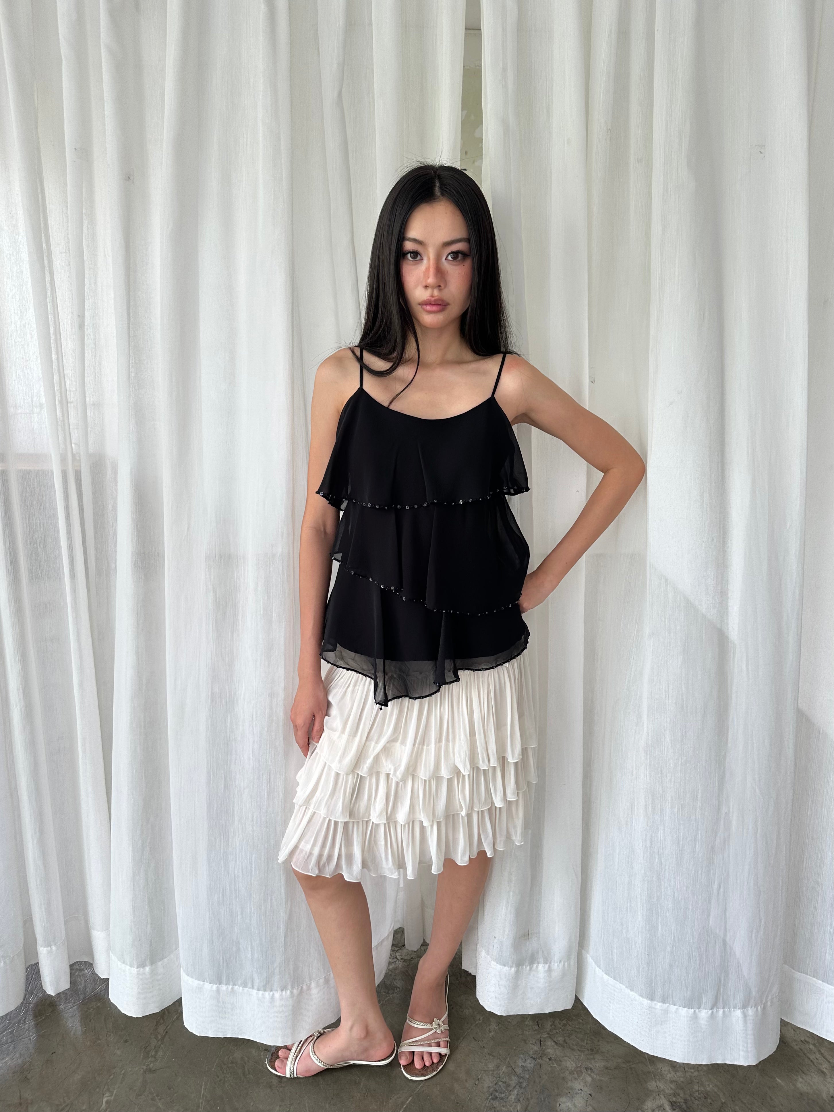 Black beaded ruffle camisole