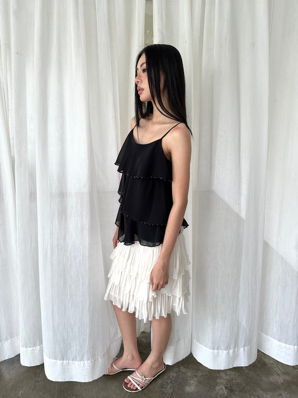 Black beaded ruffle camisole