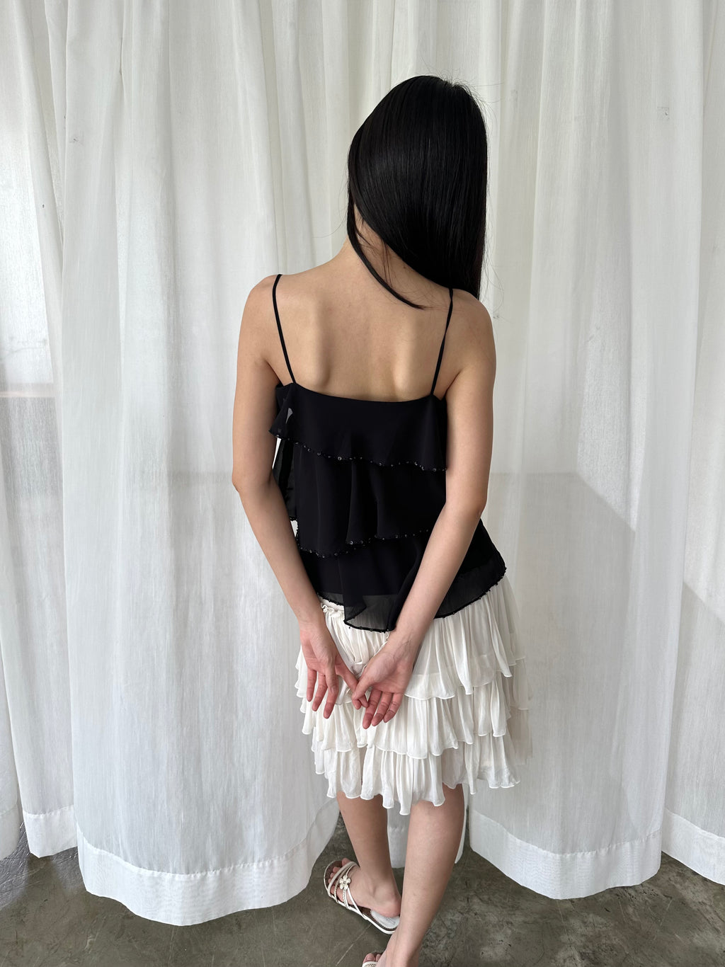 Black beaded ruffle camisole