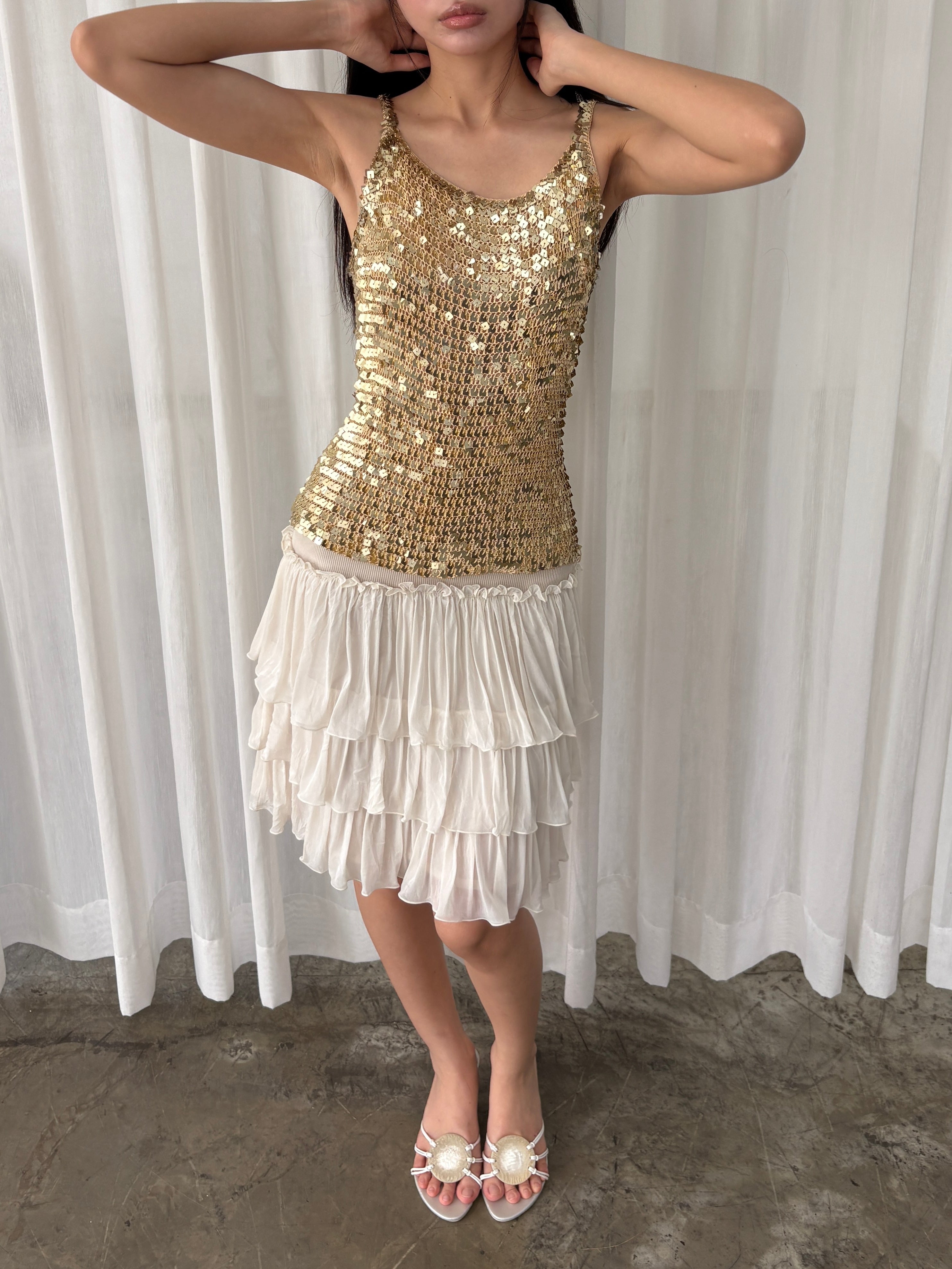 Gold sequined mesh tank