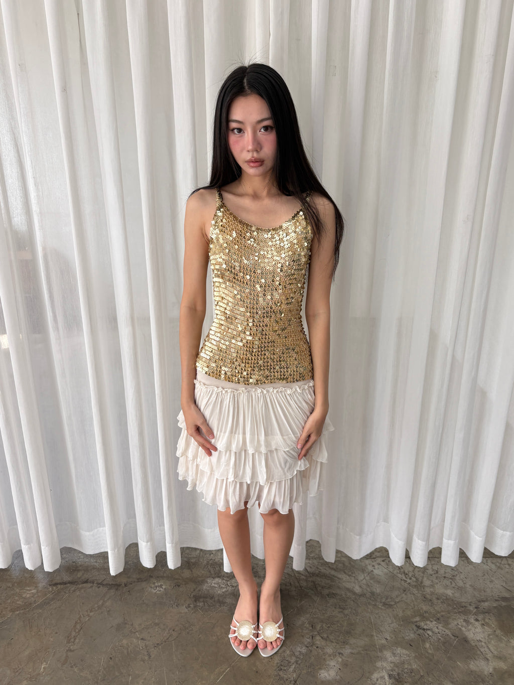 Gold sequined mesh tank