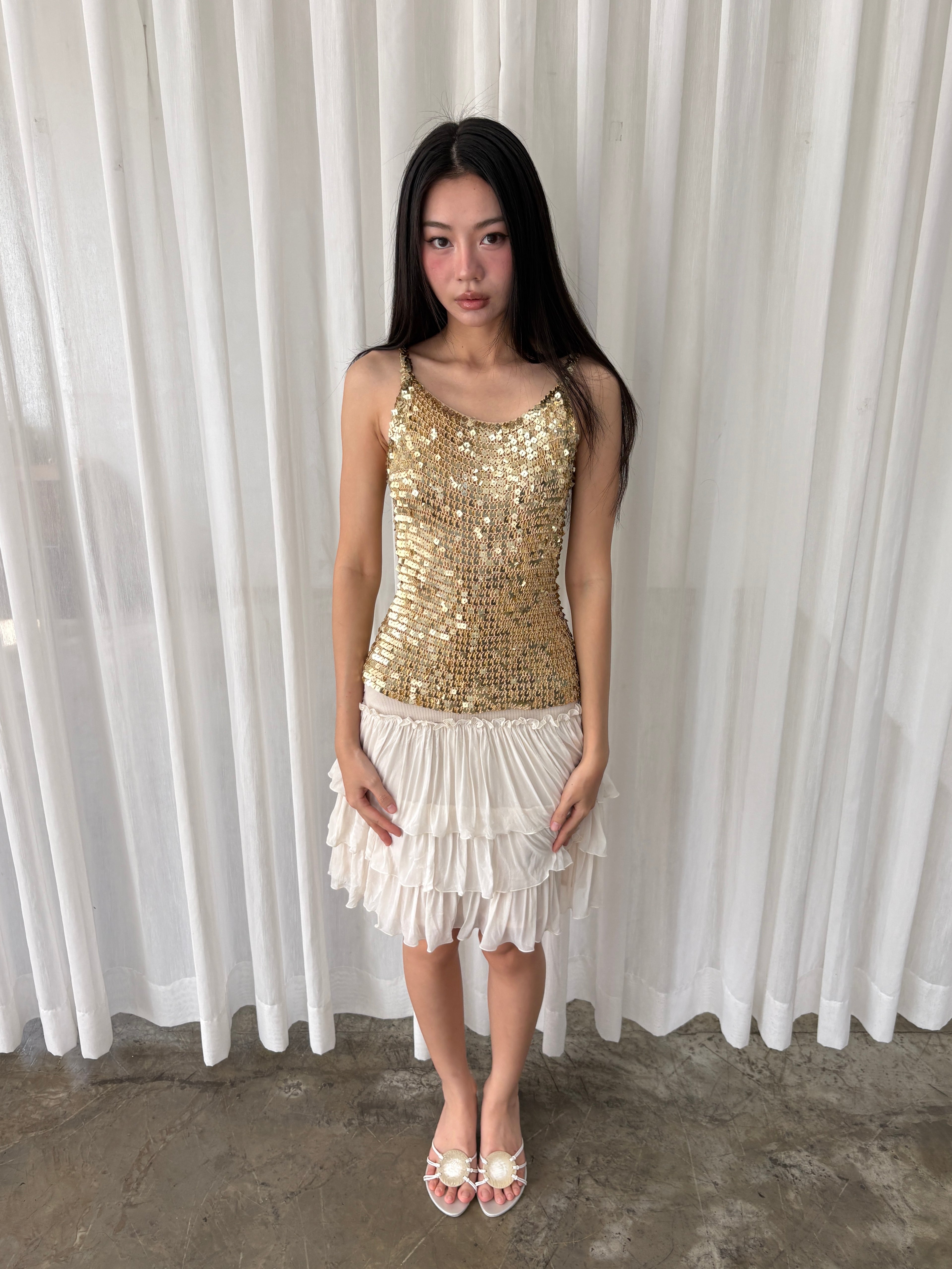 Gold sequined mesh tank