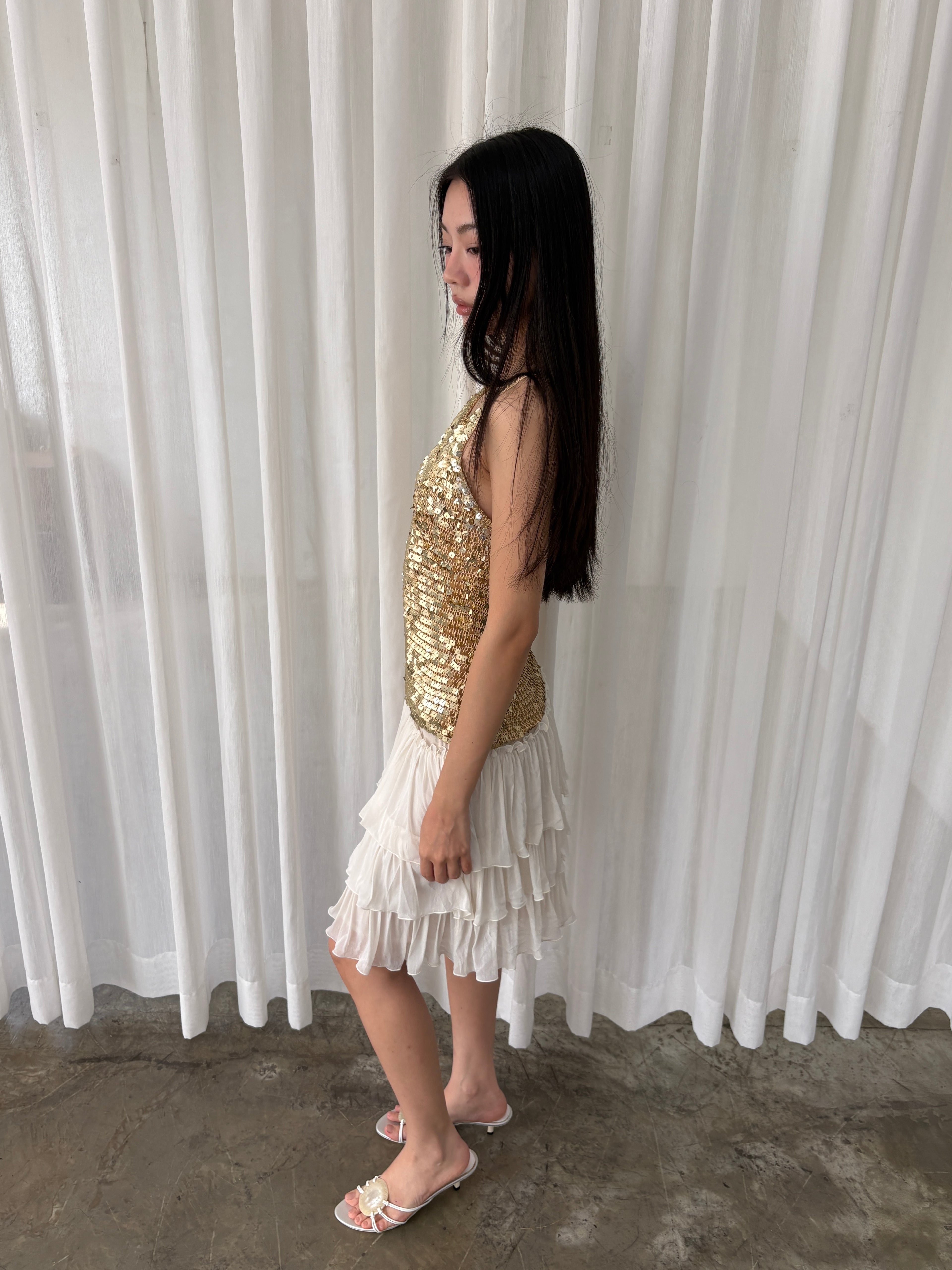 Gold sequined mesh tank