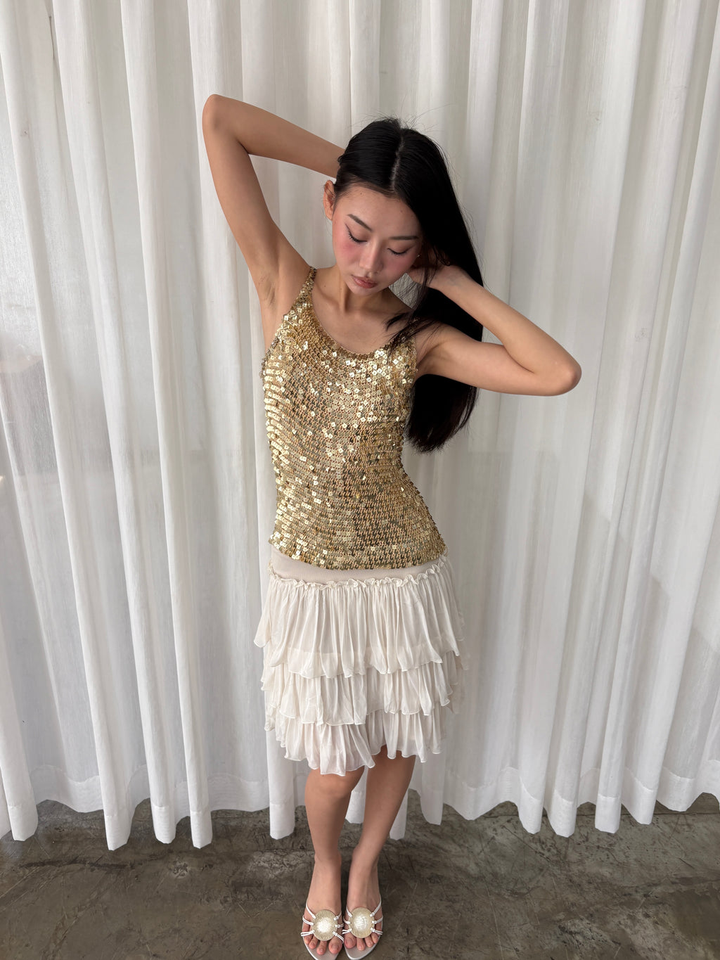 Gold sequined mesh tank