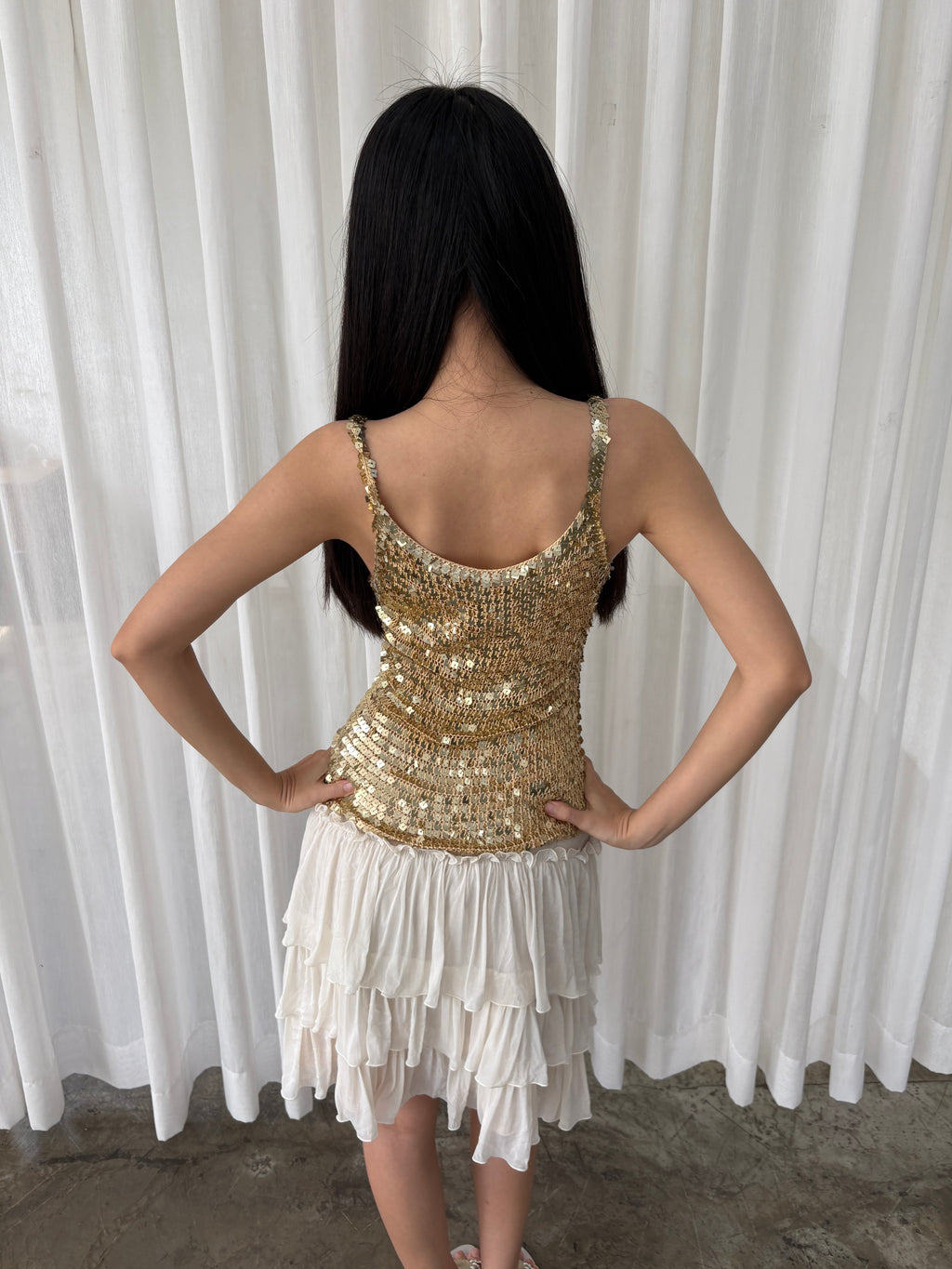 Gold sequined mesh tank