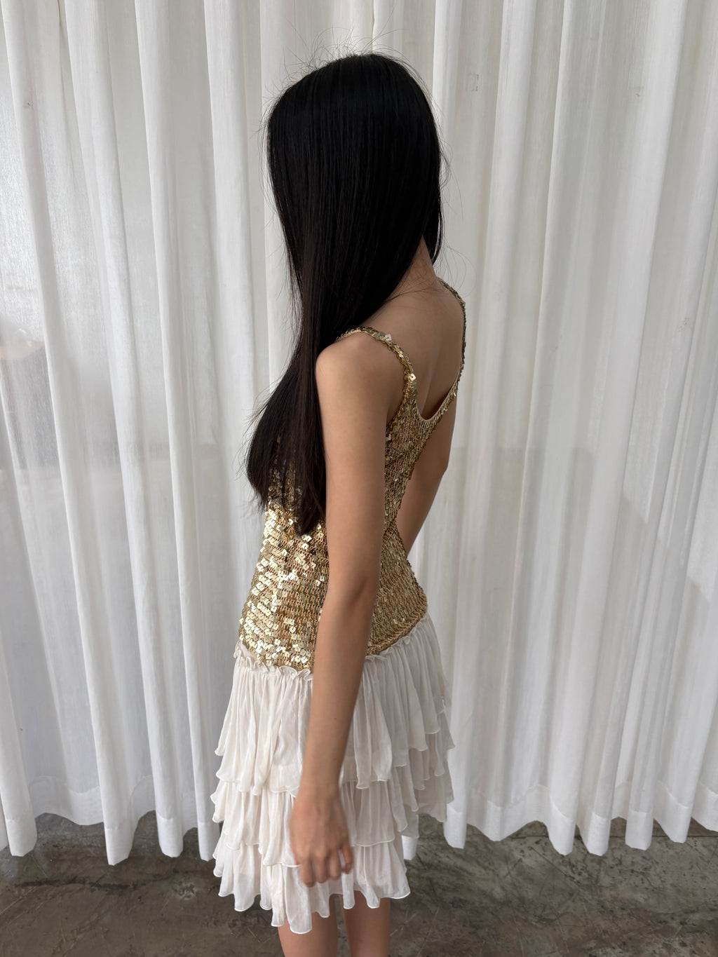 Gold sequined mesh tank