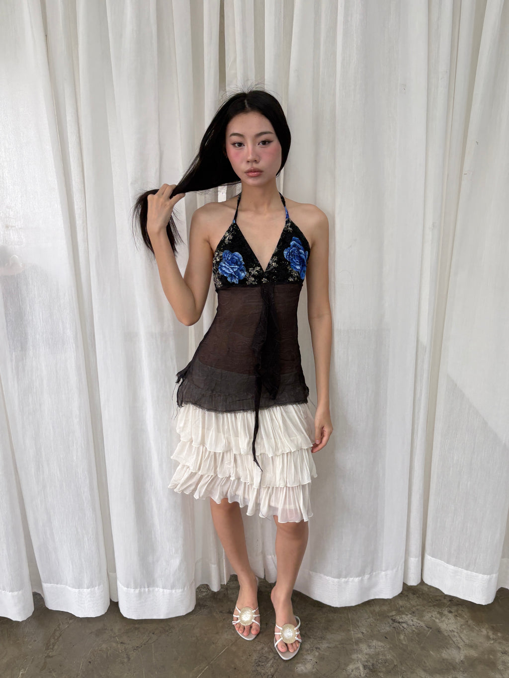 Sheer lace floral halter top