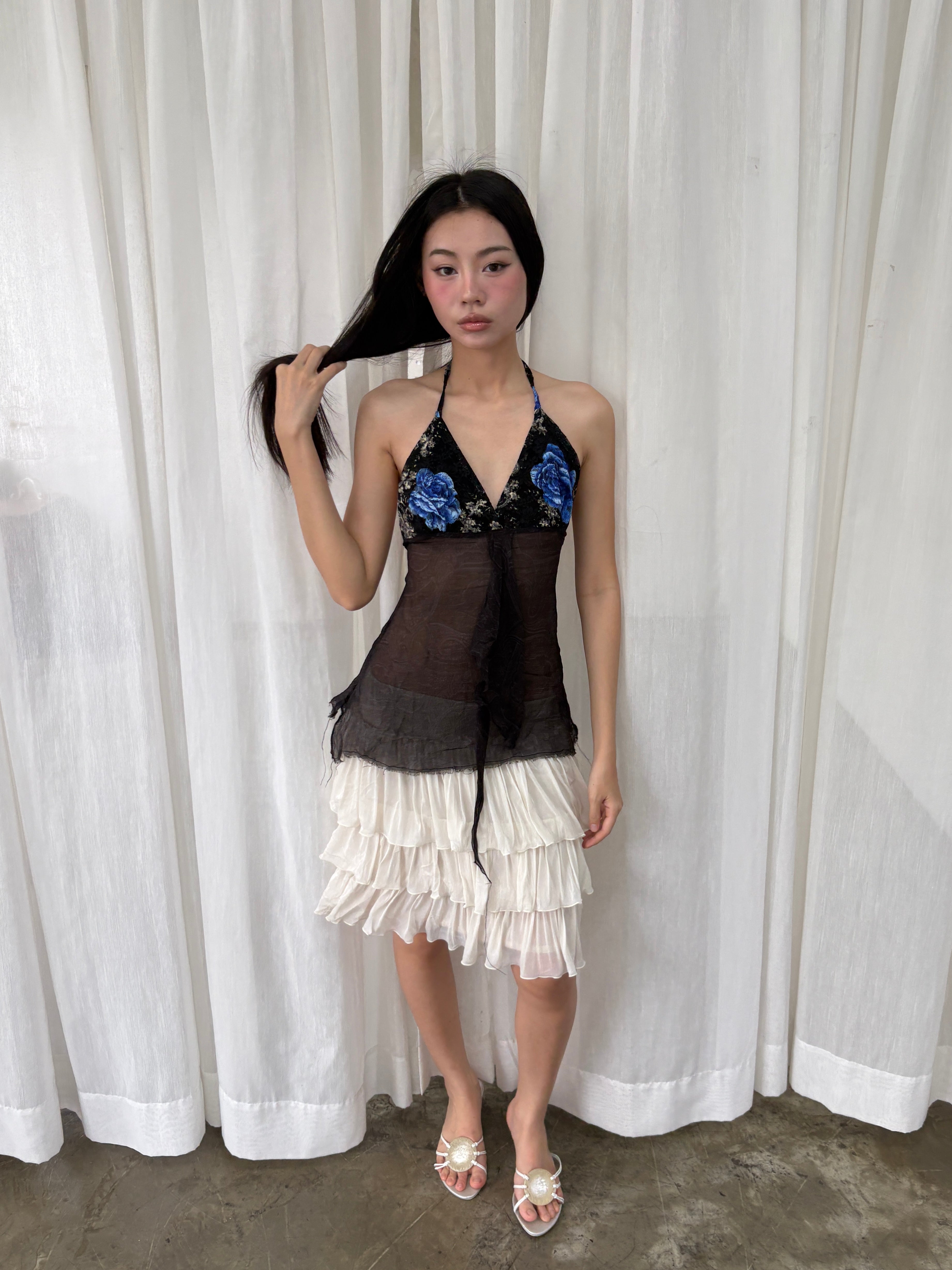Sheer lace floral halter top