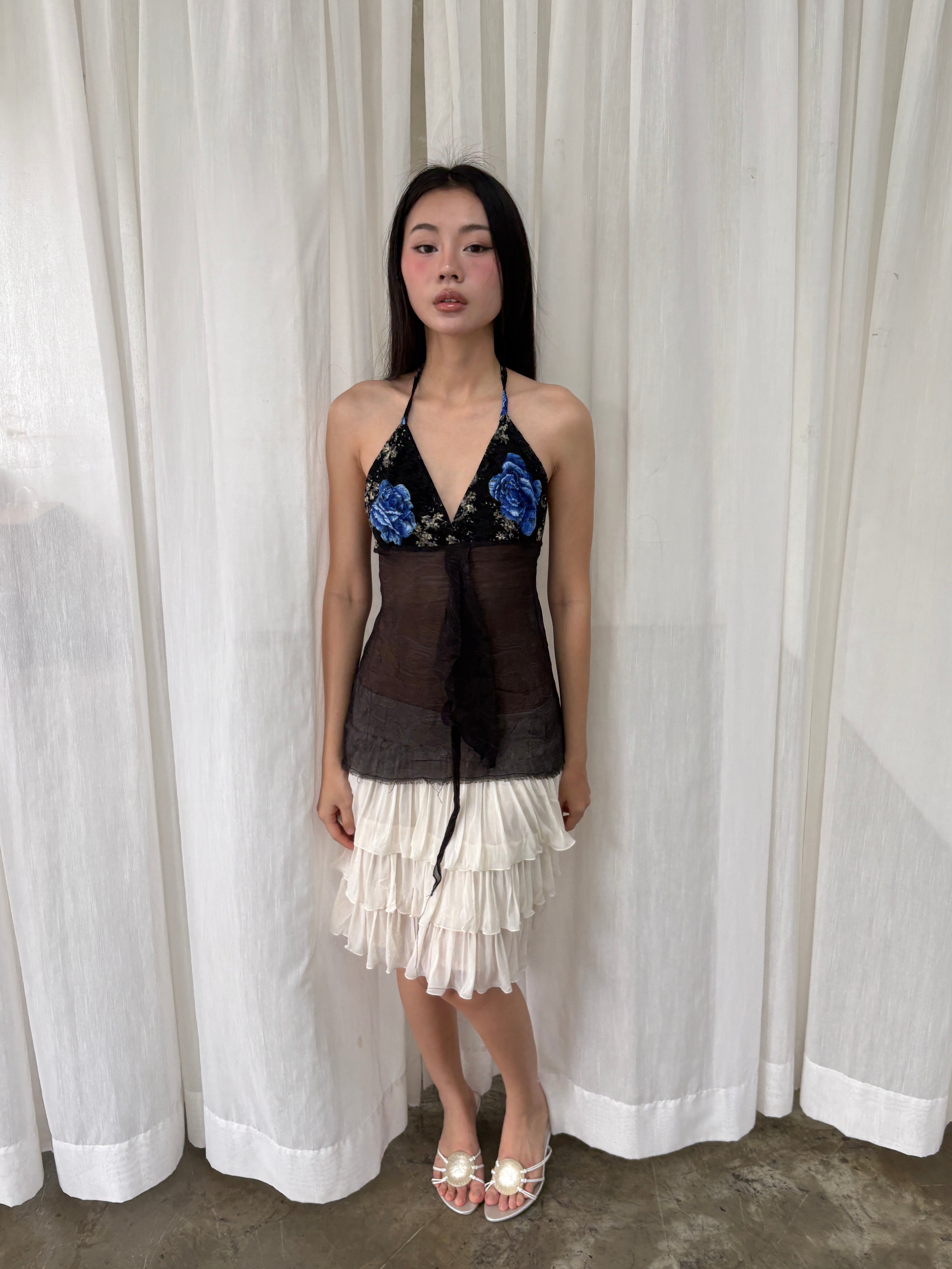 Sheer lace floral halter top