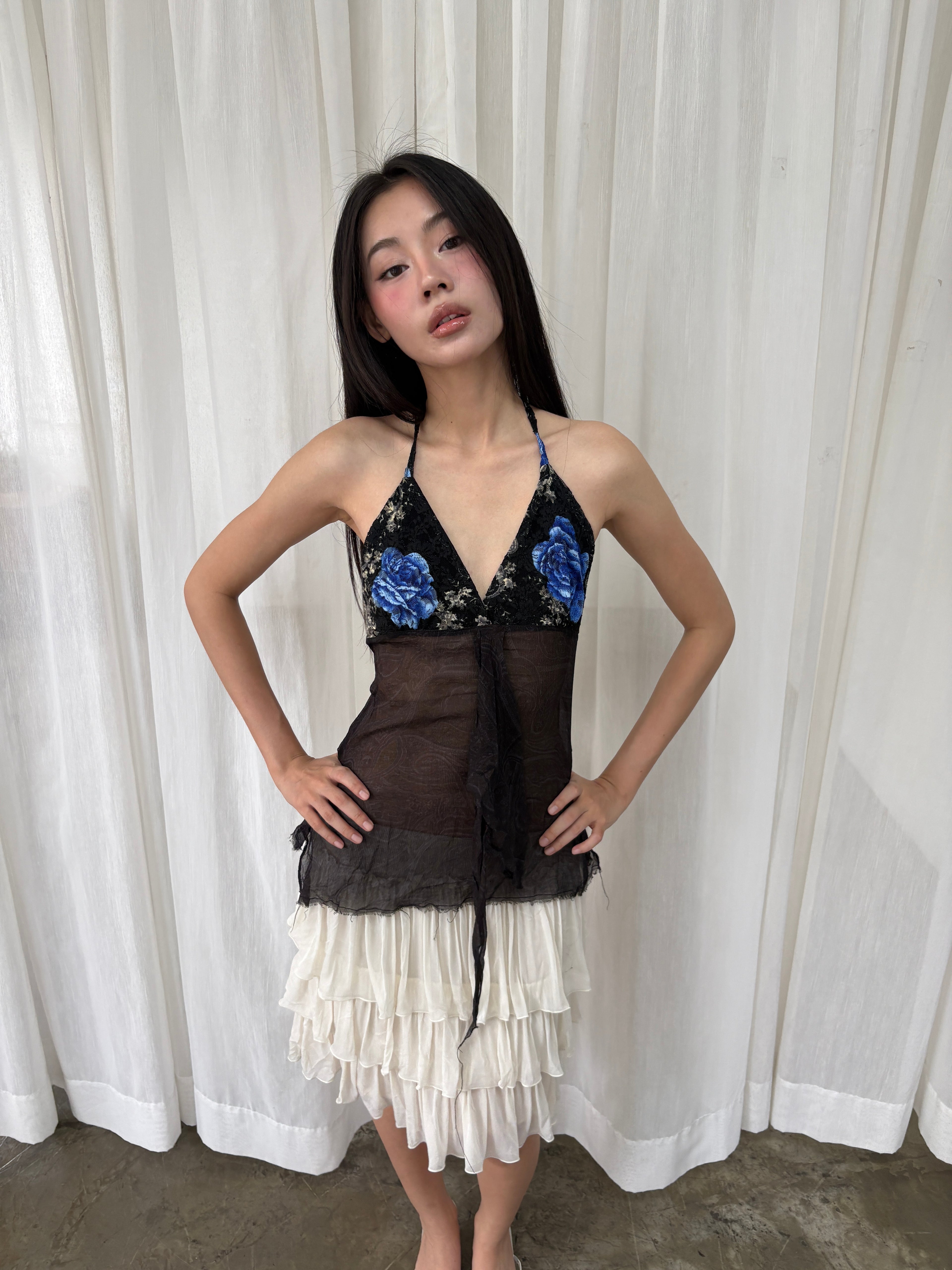 Sheer lace floral halter top