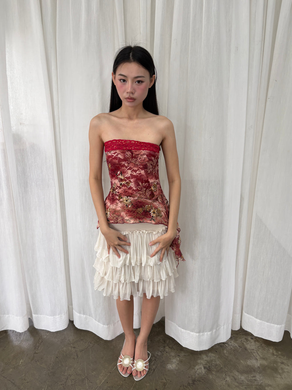 Red lace asymmetrical tube top