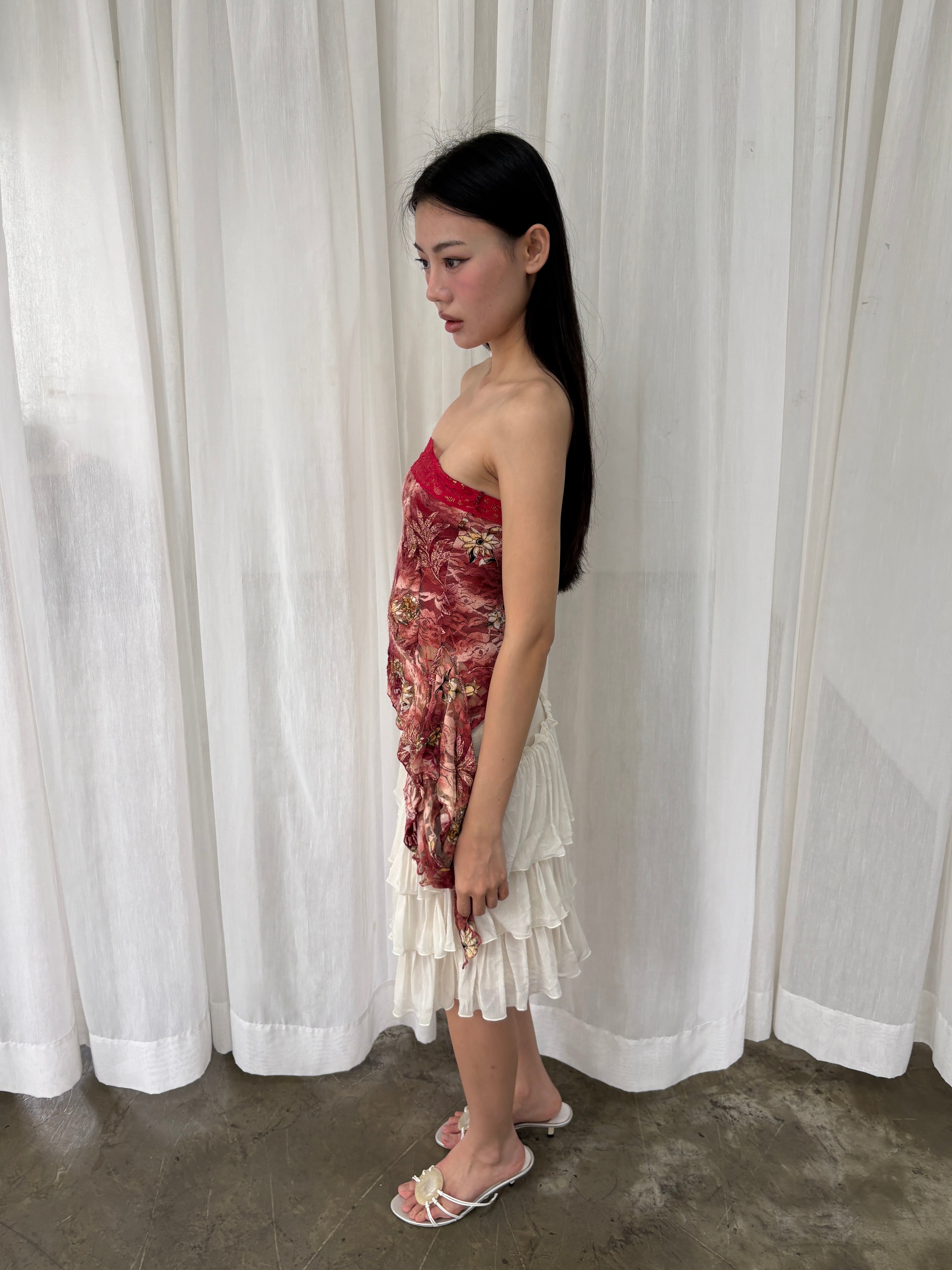 Red lace asymmetrical tube top