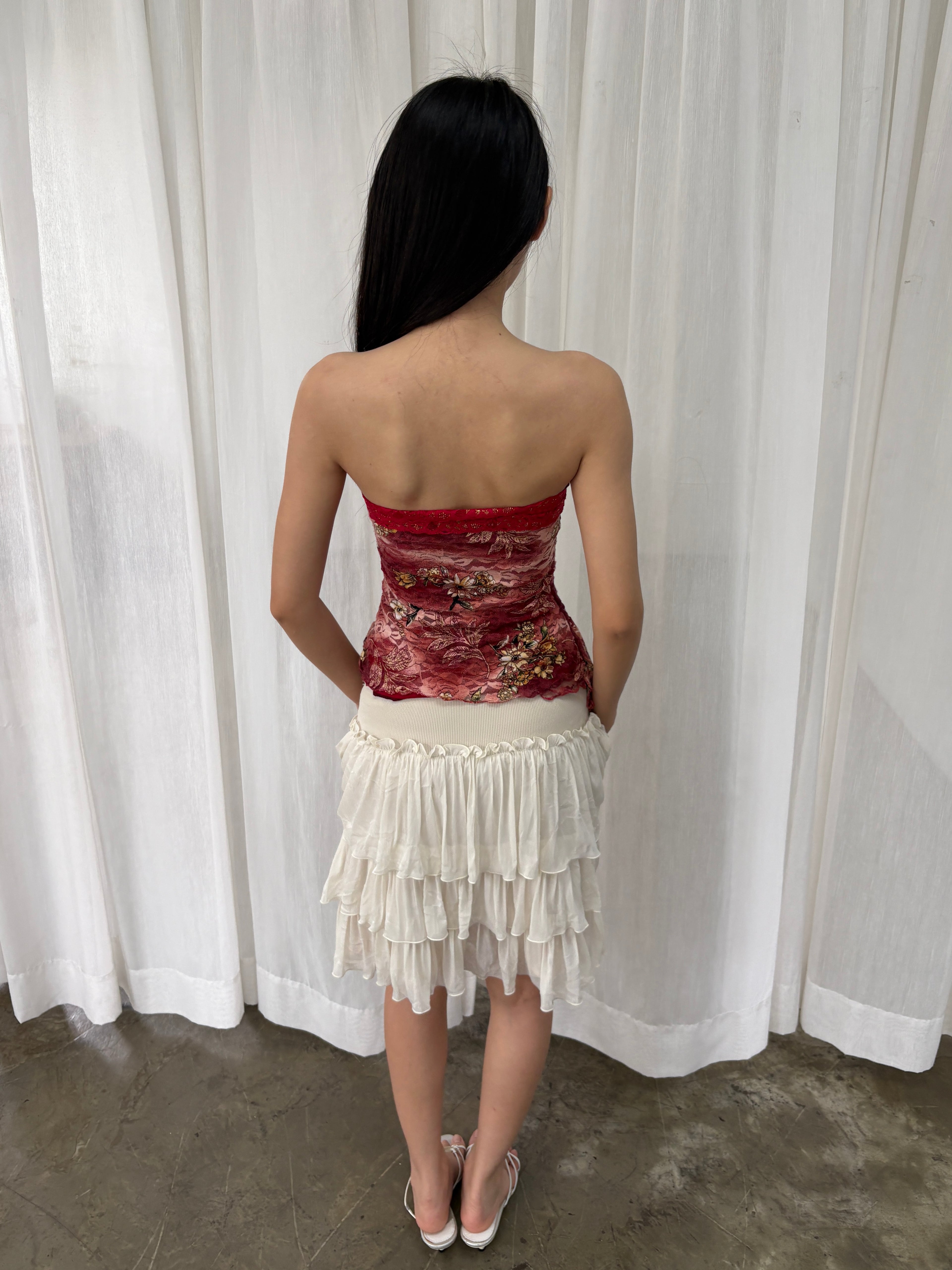 Red lace asymmetrical tube top