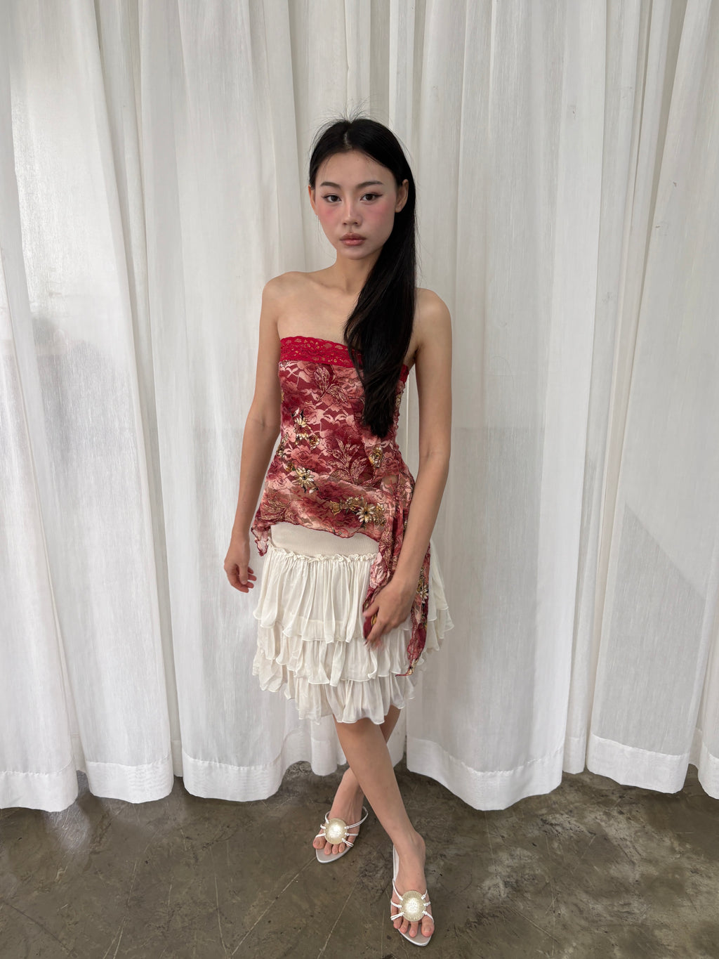 Red lace asymmetrical tube top