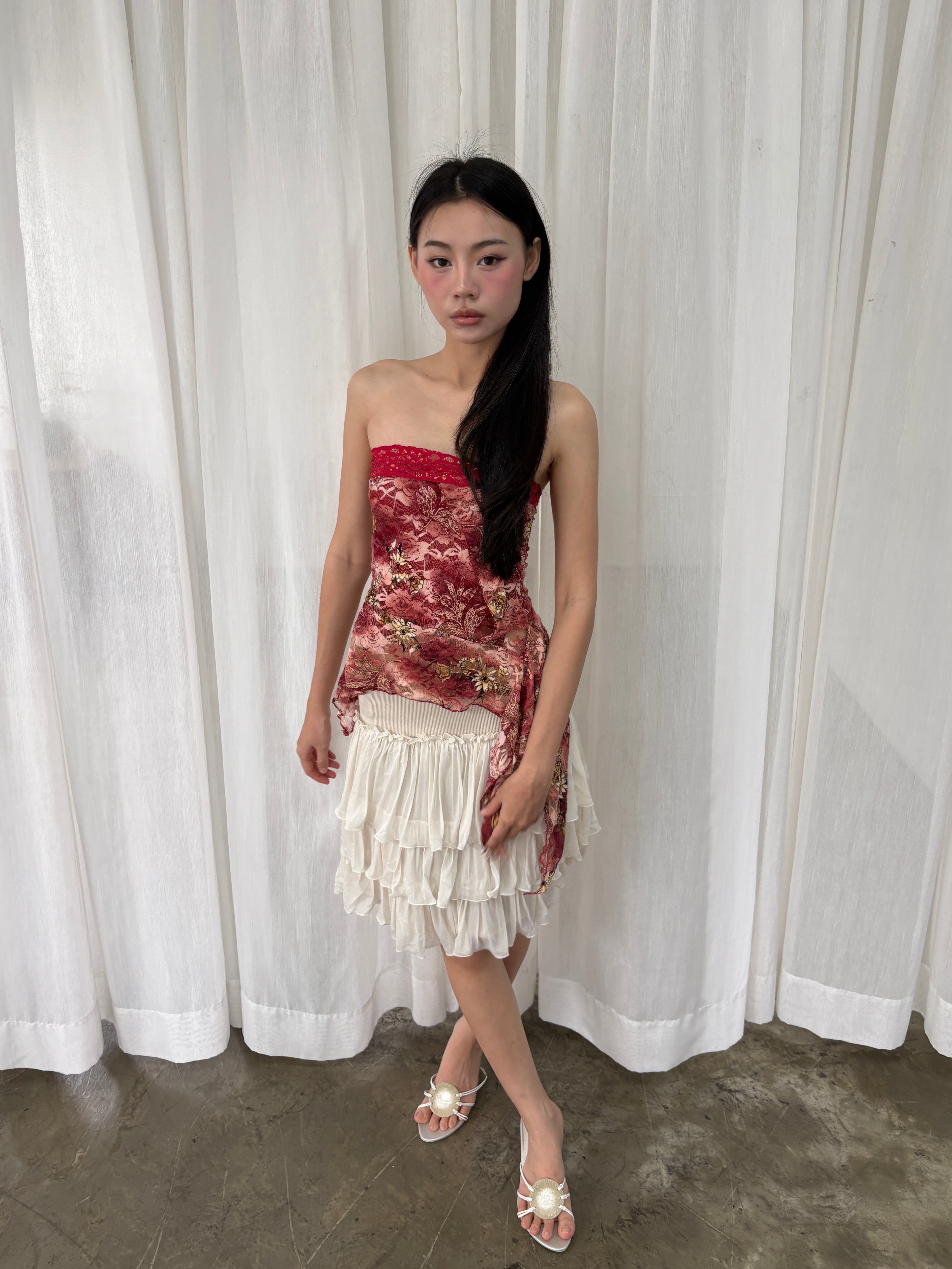 Red lace asymmetrical tube top