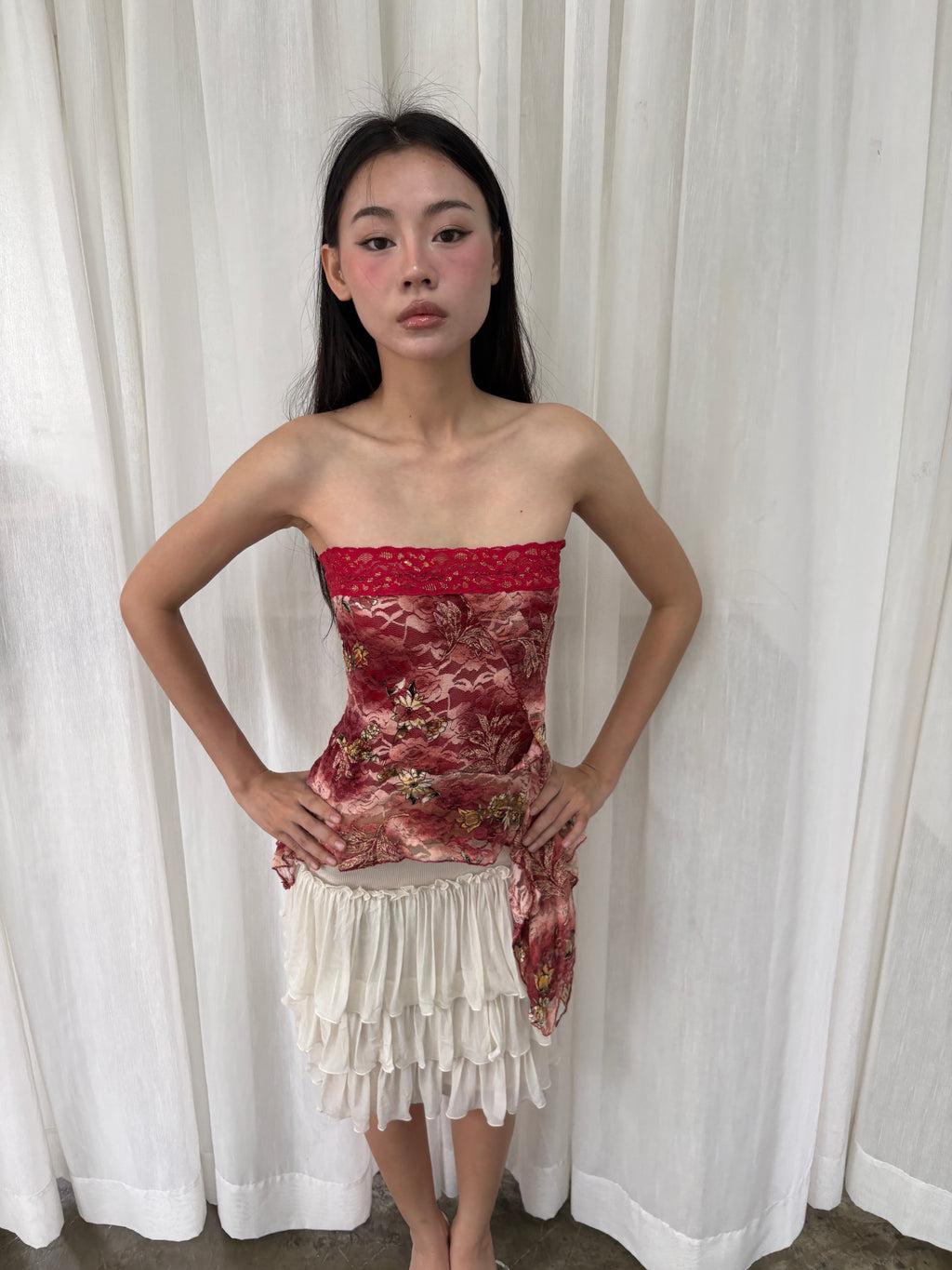 Red lace asymmetrical tube top