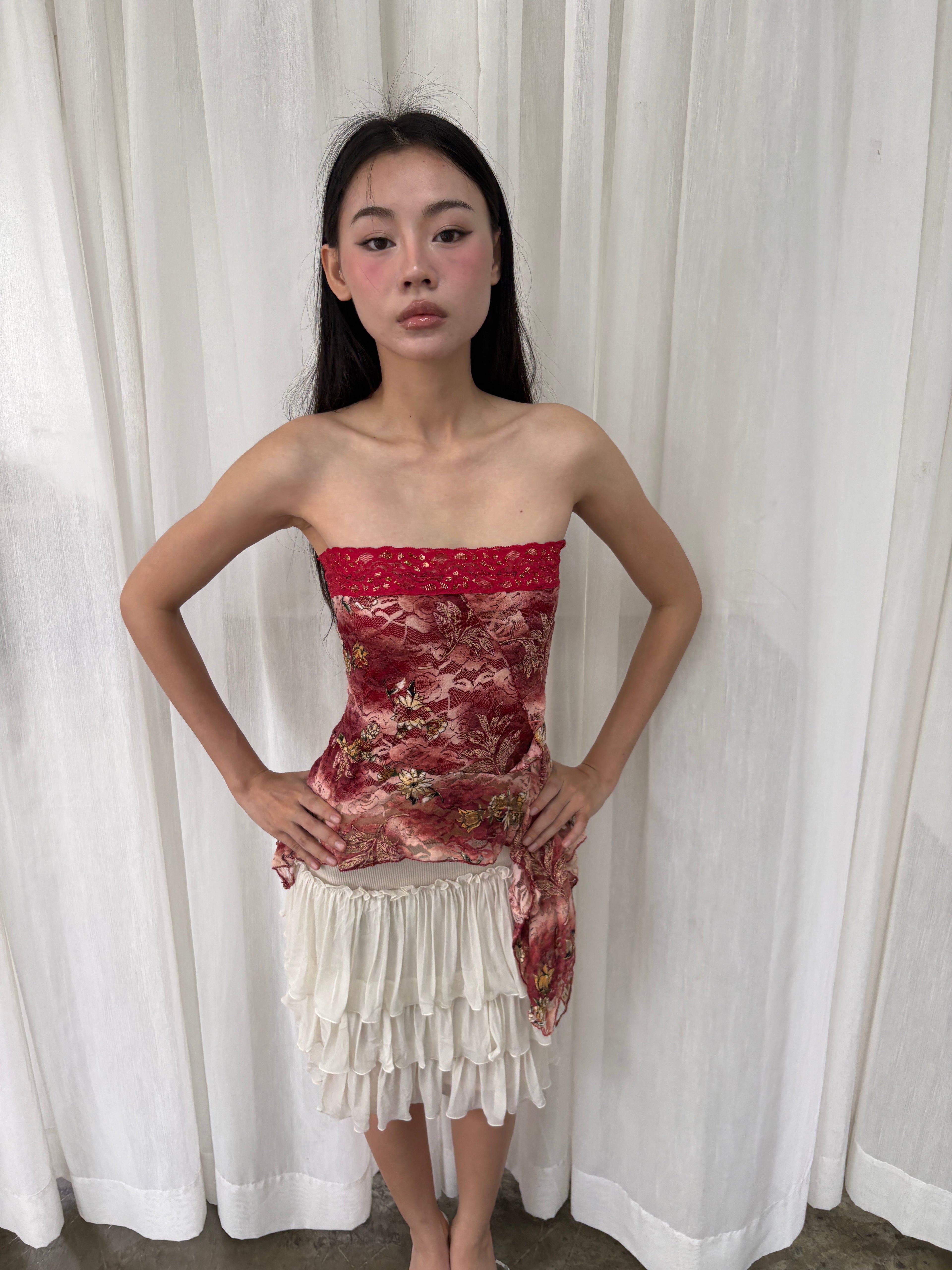 Red lace asymmetrical tube top