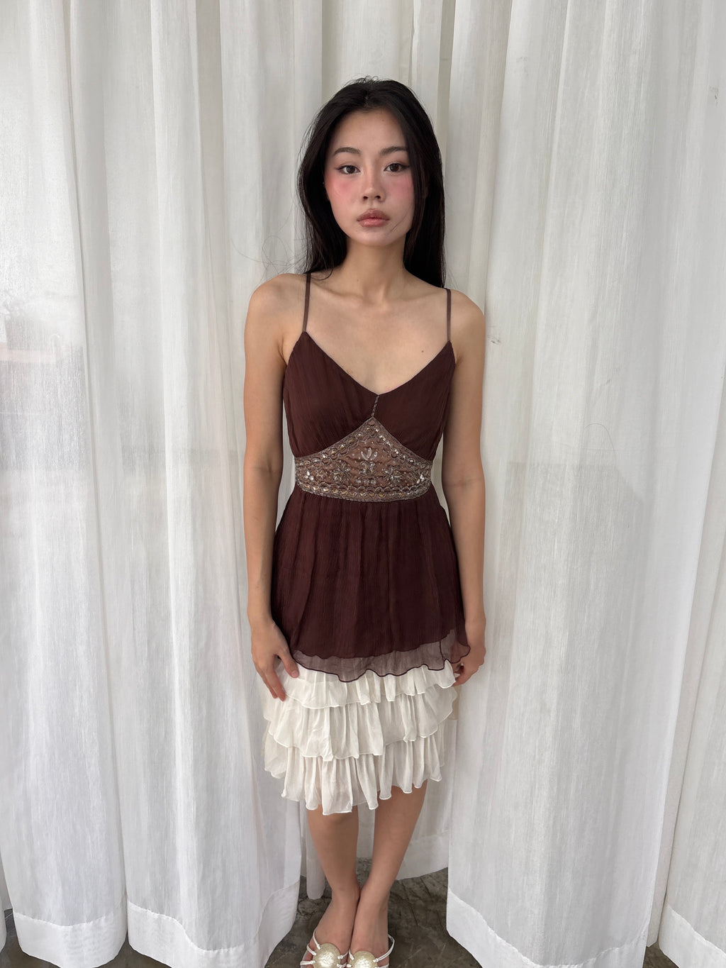 Brown beaded chiffon camisole
