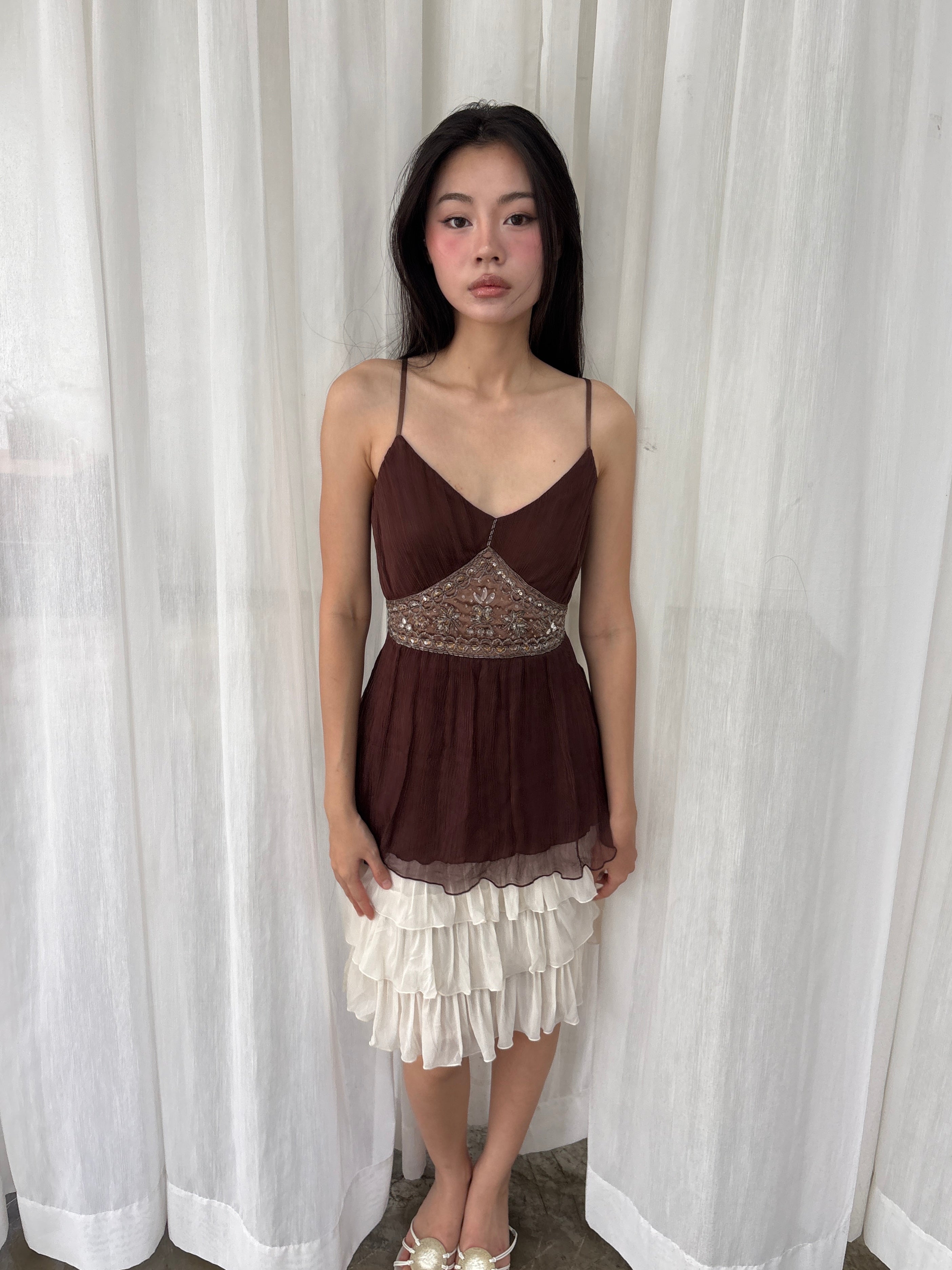 Brown beaded chiffon camisole