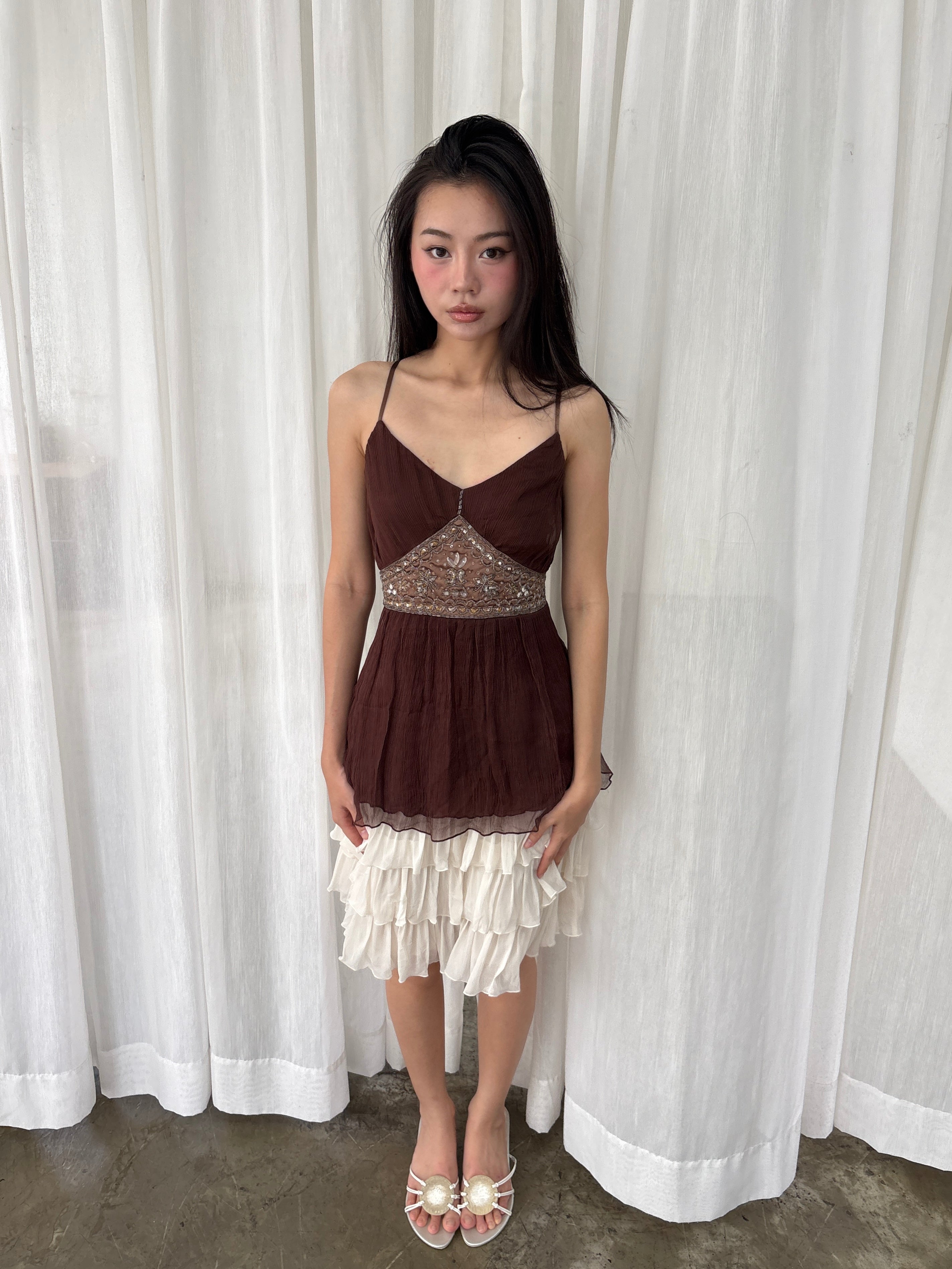 Brown beaded chiffon camisole