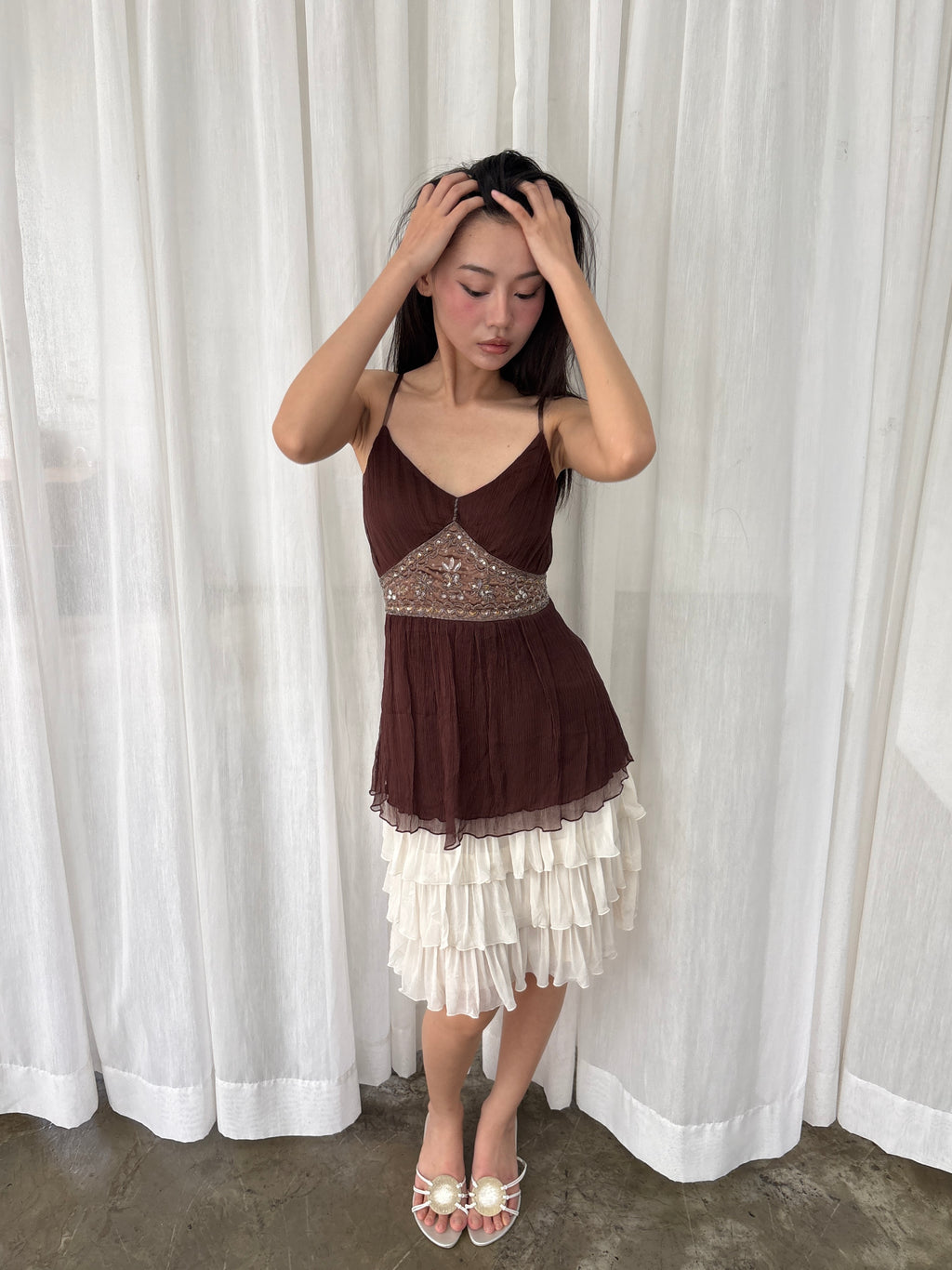 Brown beaded chiffon camisole