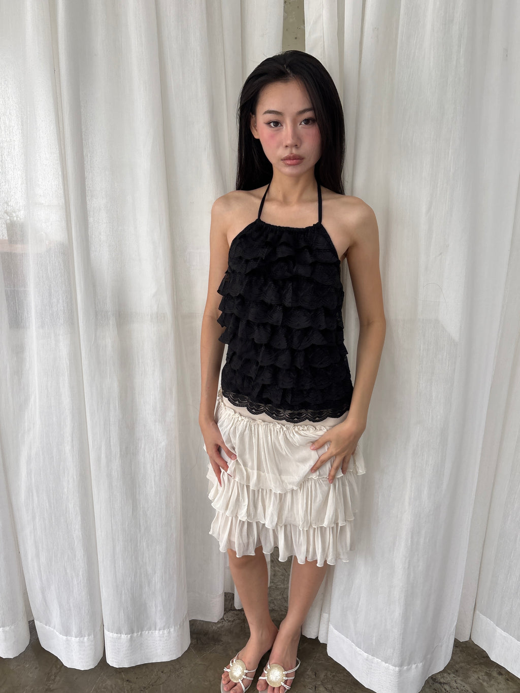 Black lace ruffle halter top