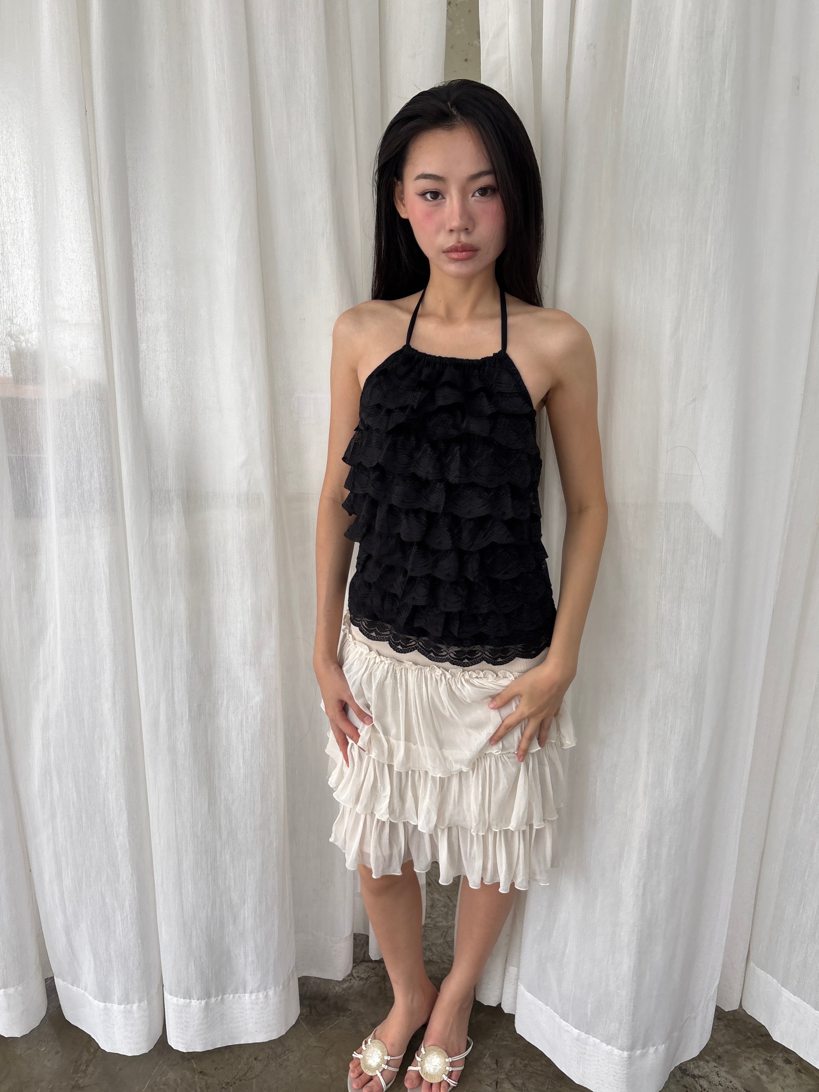 Black lace ruffle halter top