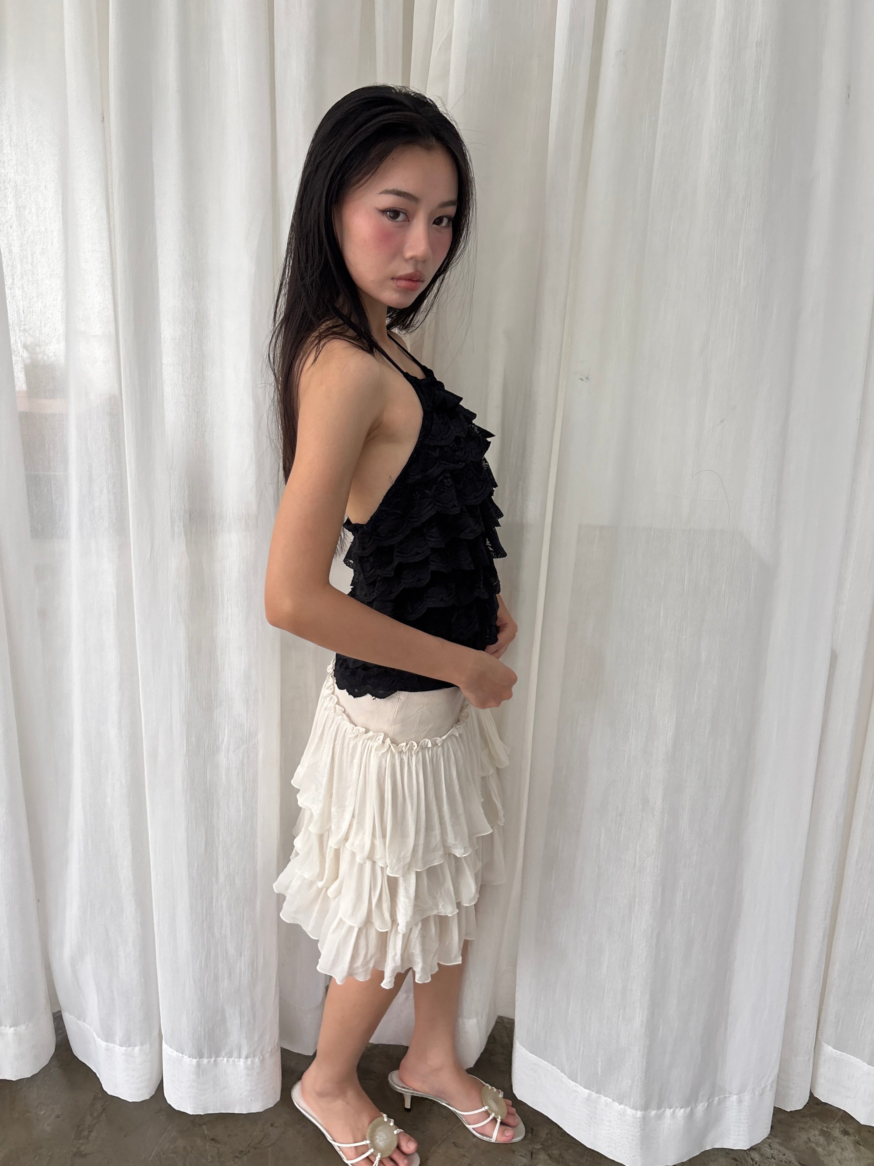 Black lace ruffle halter top