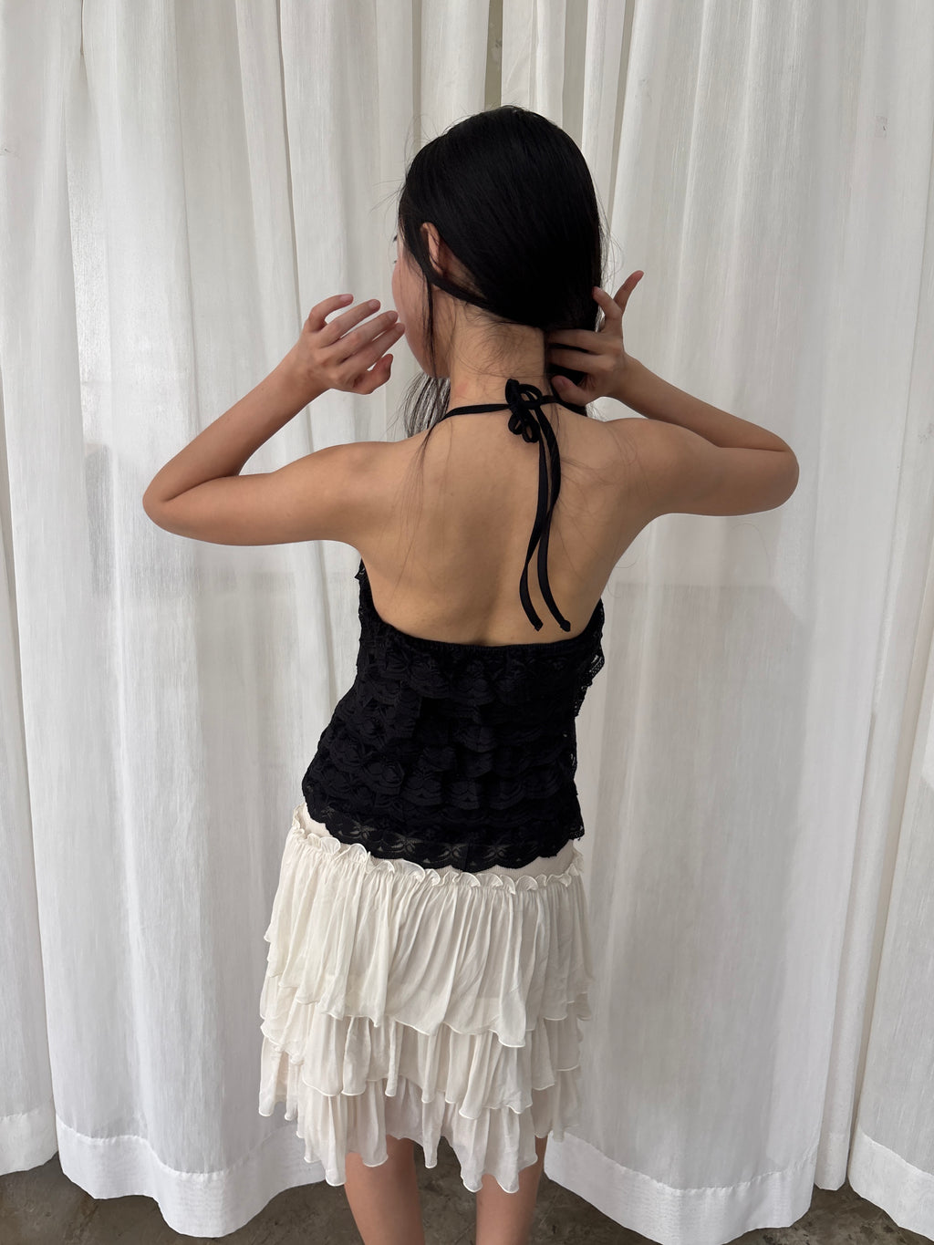 Black lace ruffle halter top