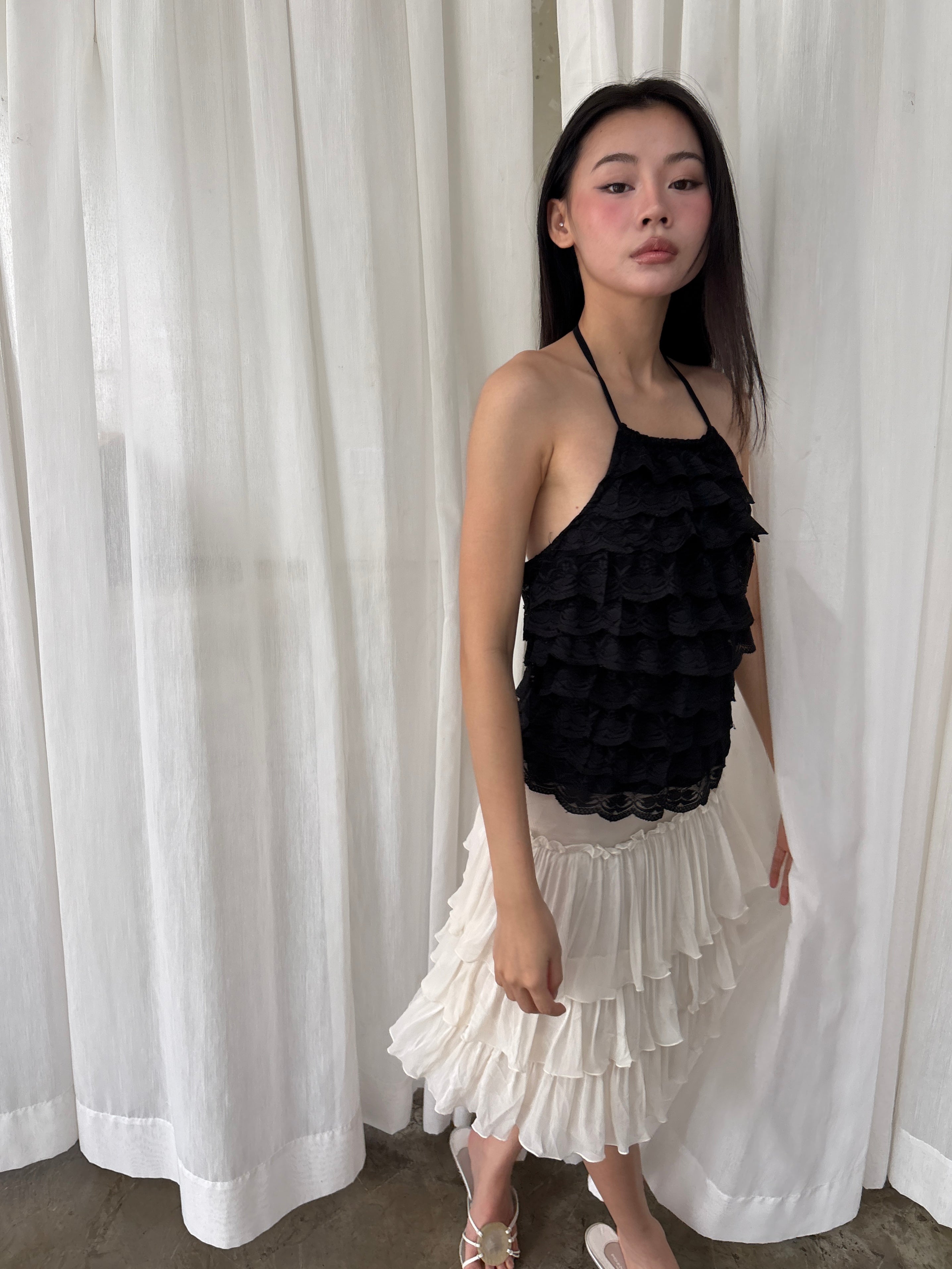 Black lace ruffle halter top