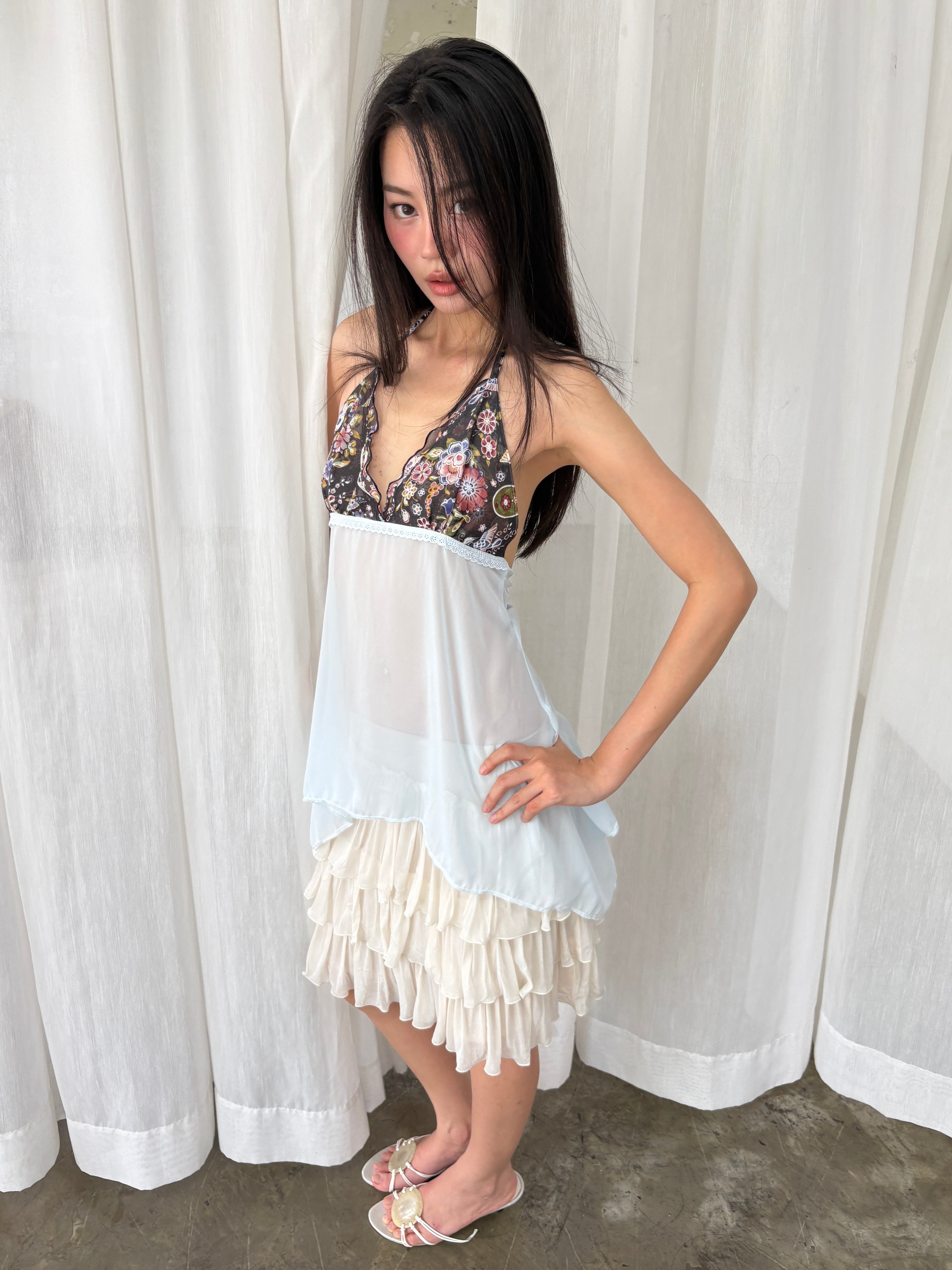 Floral chiffon open back halter top