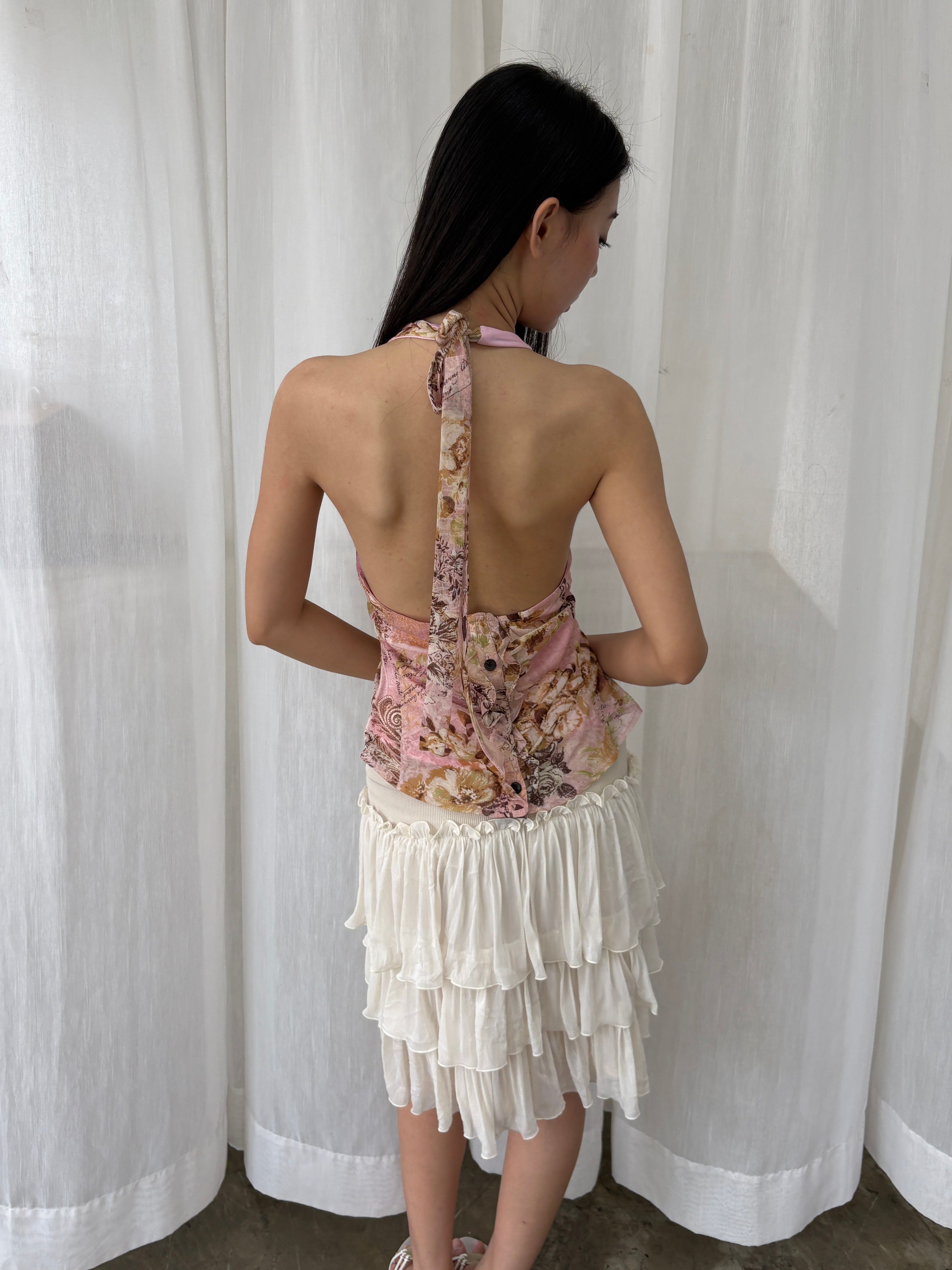 Embellished floral plunge halter top