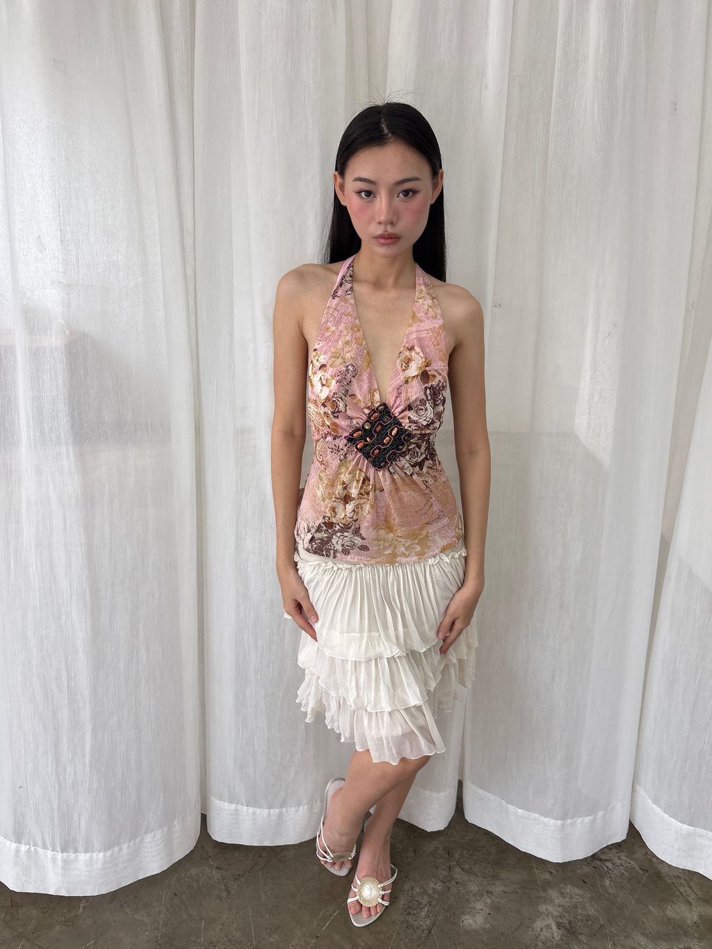 Embellished floral plunge halter top