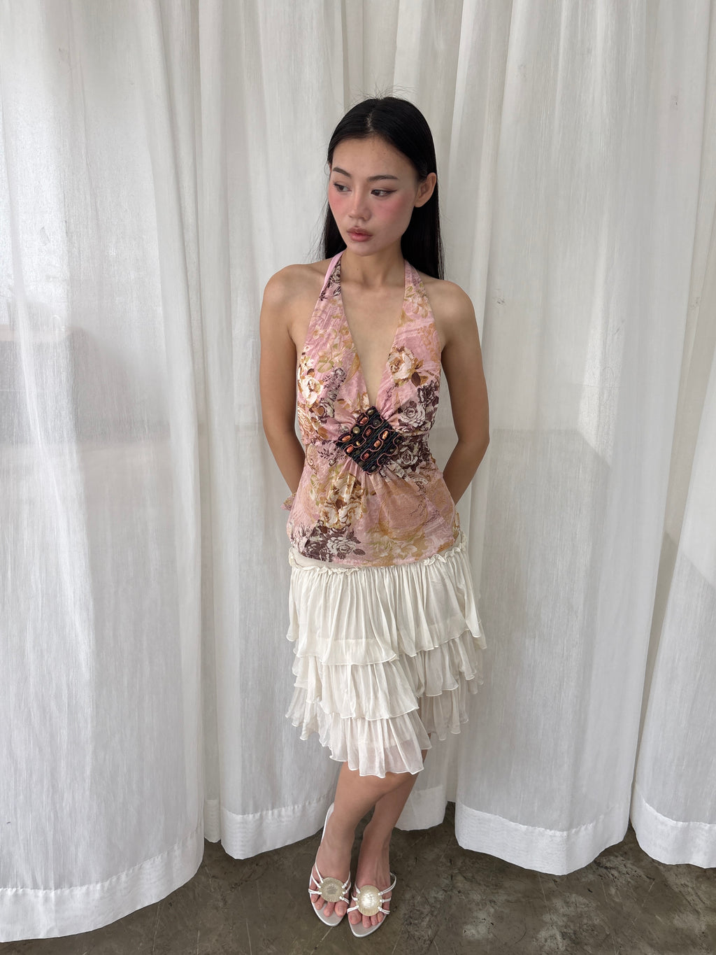 Embellished floral plunge halter top