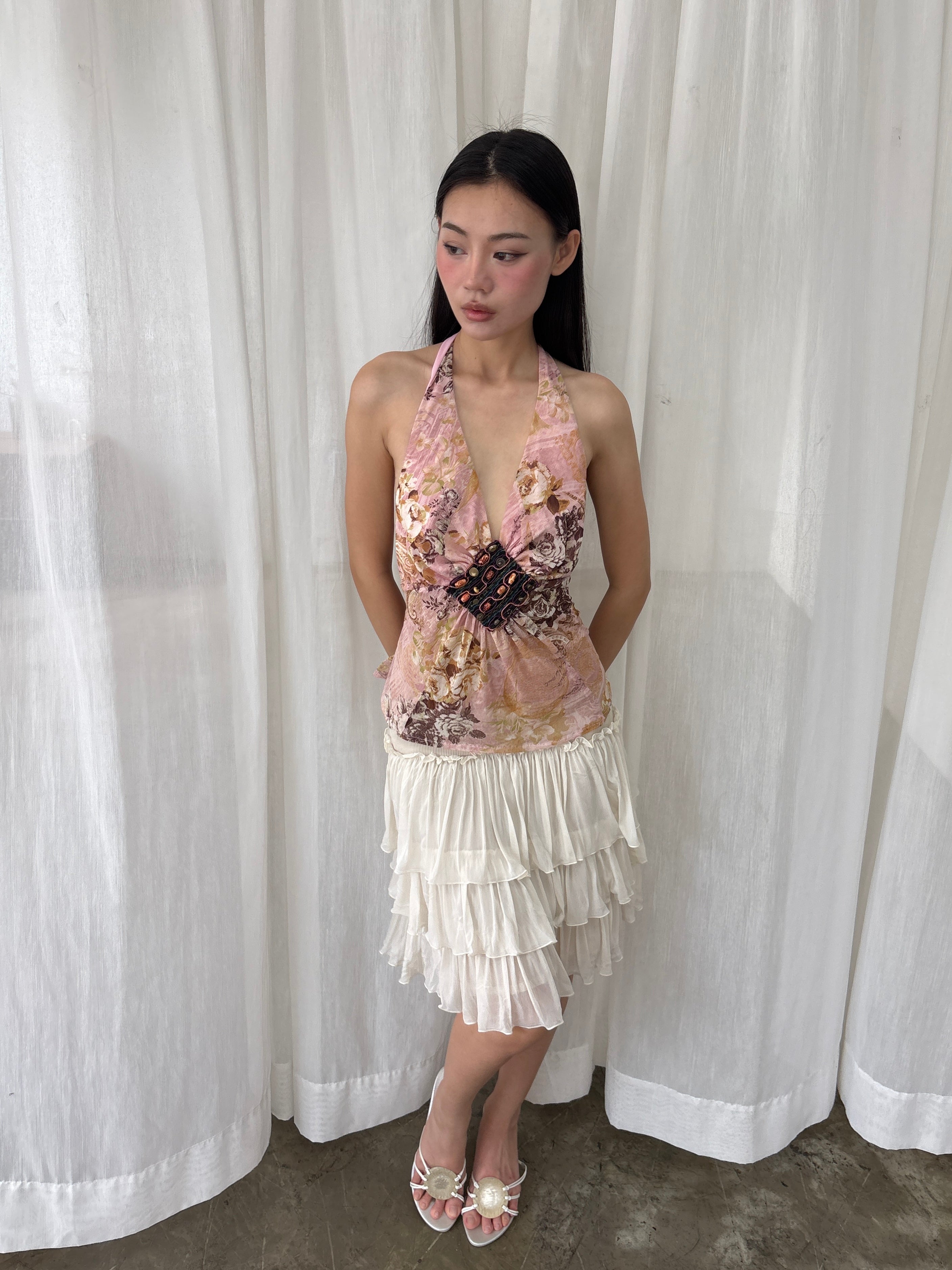 Embellished floral plunge halter top