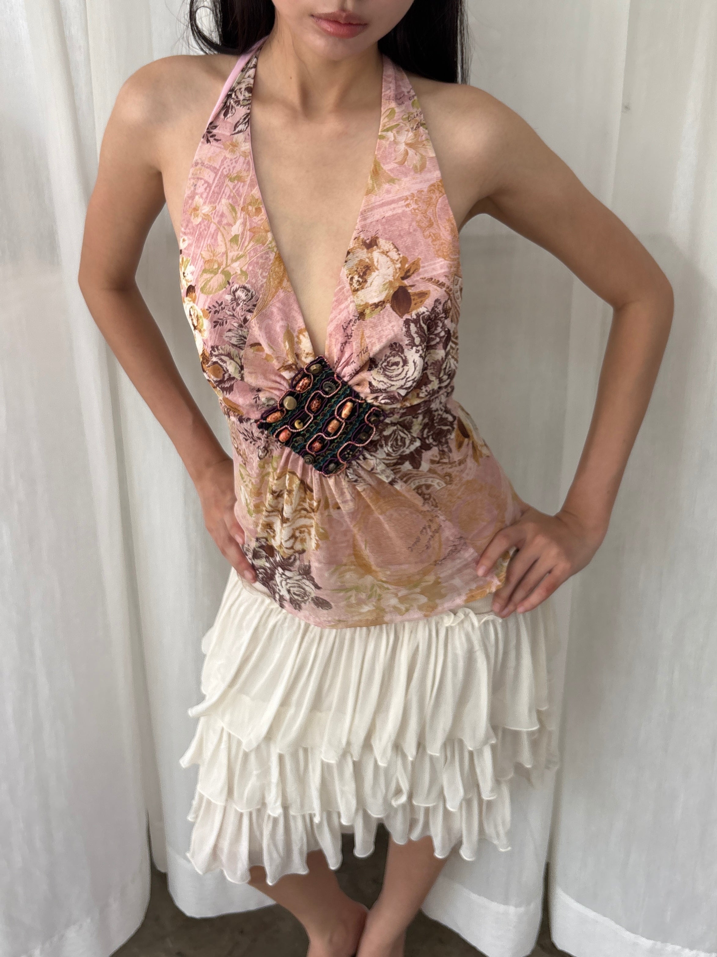 Embellished floral plunge halter top