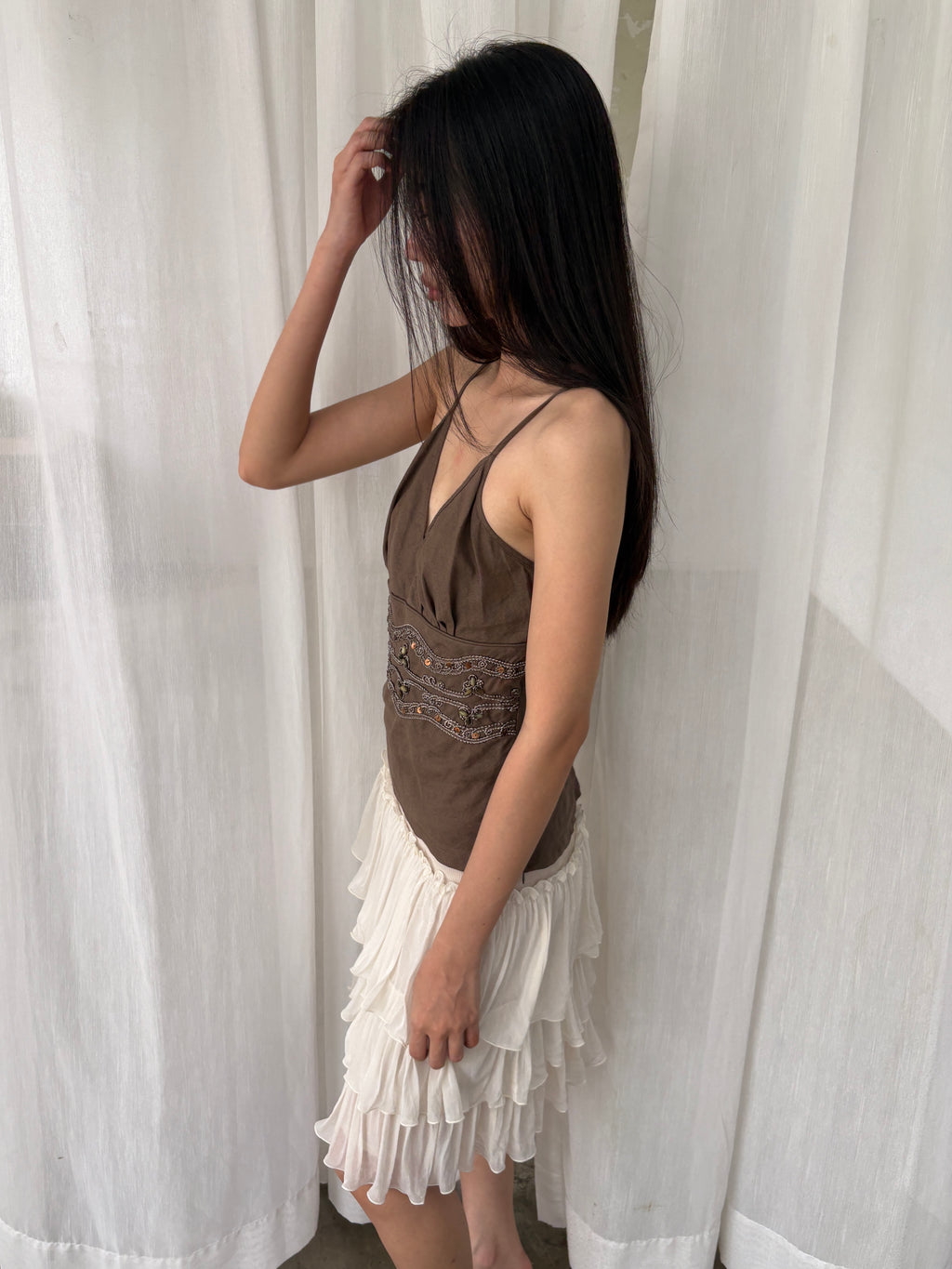 Brown beaded waist cami