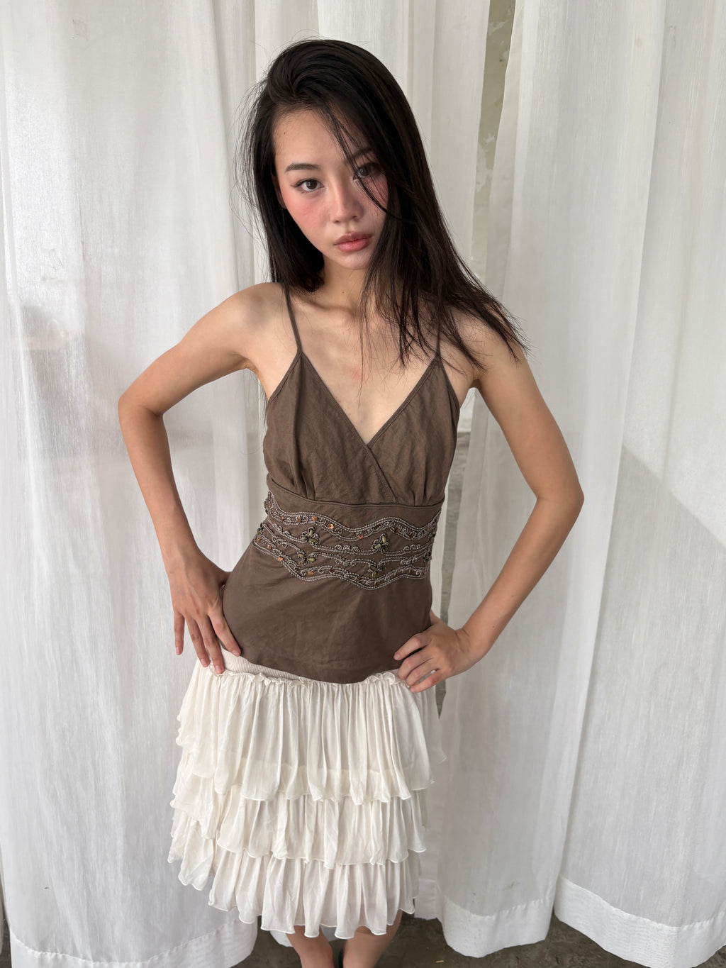 Brown beaded waist cami